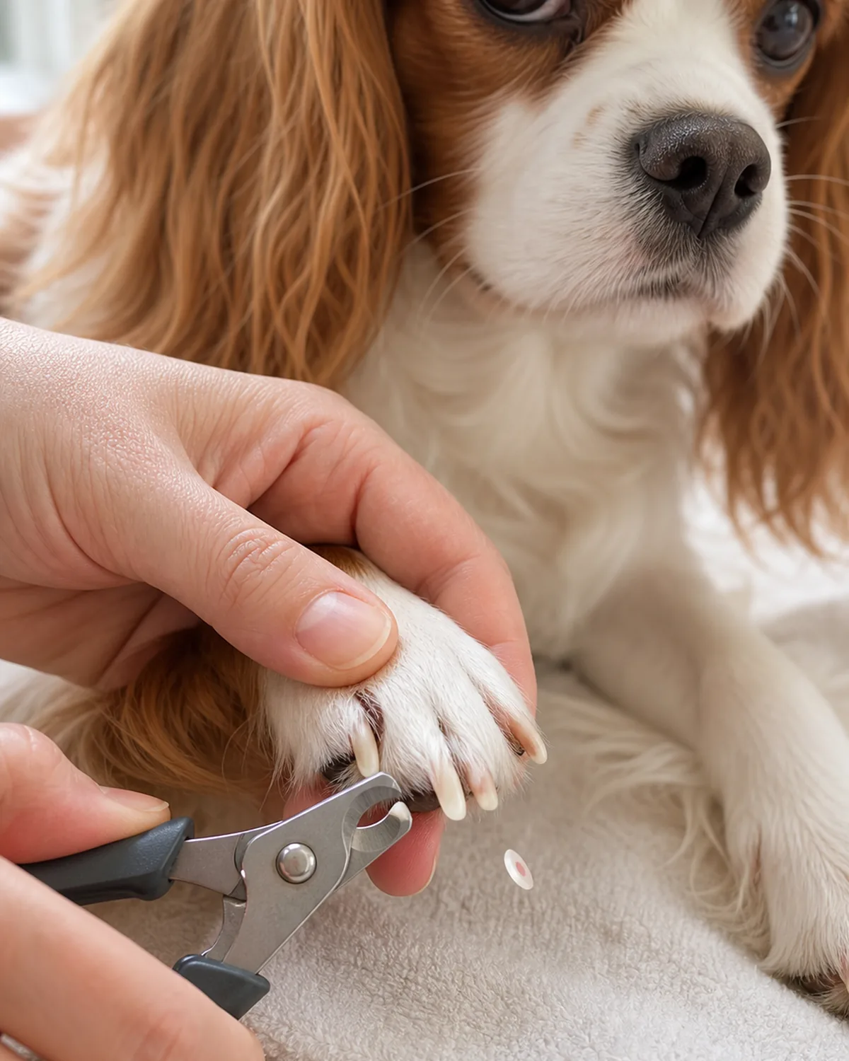 A clean medium close-up of the front paw of a small chestnut-and-white silky-coated dog with long feathered floppy ears lying on a folded towel, owner's hand holding a plain scissor-style clipper just after taking a very thin sliver off one nail tip, a tiny chip falling mid-air with a clean small cut face on the nail