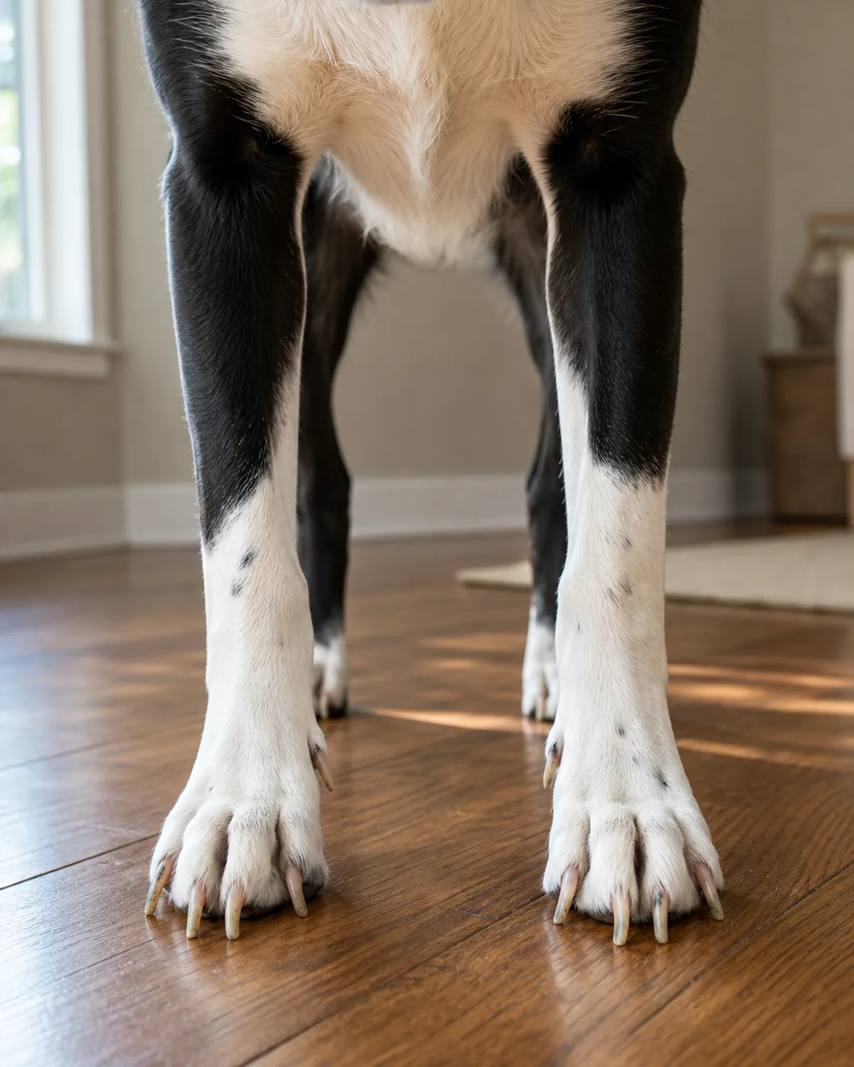 A clean three-quarter close-up of the front paws and lower forelegs of a medium black-and-white blaze-marked dog standing on a polished hardwood floor in soft daylight, the toenails clearly protruding past the foot-pad line