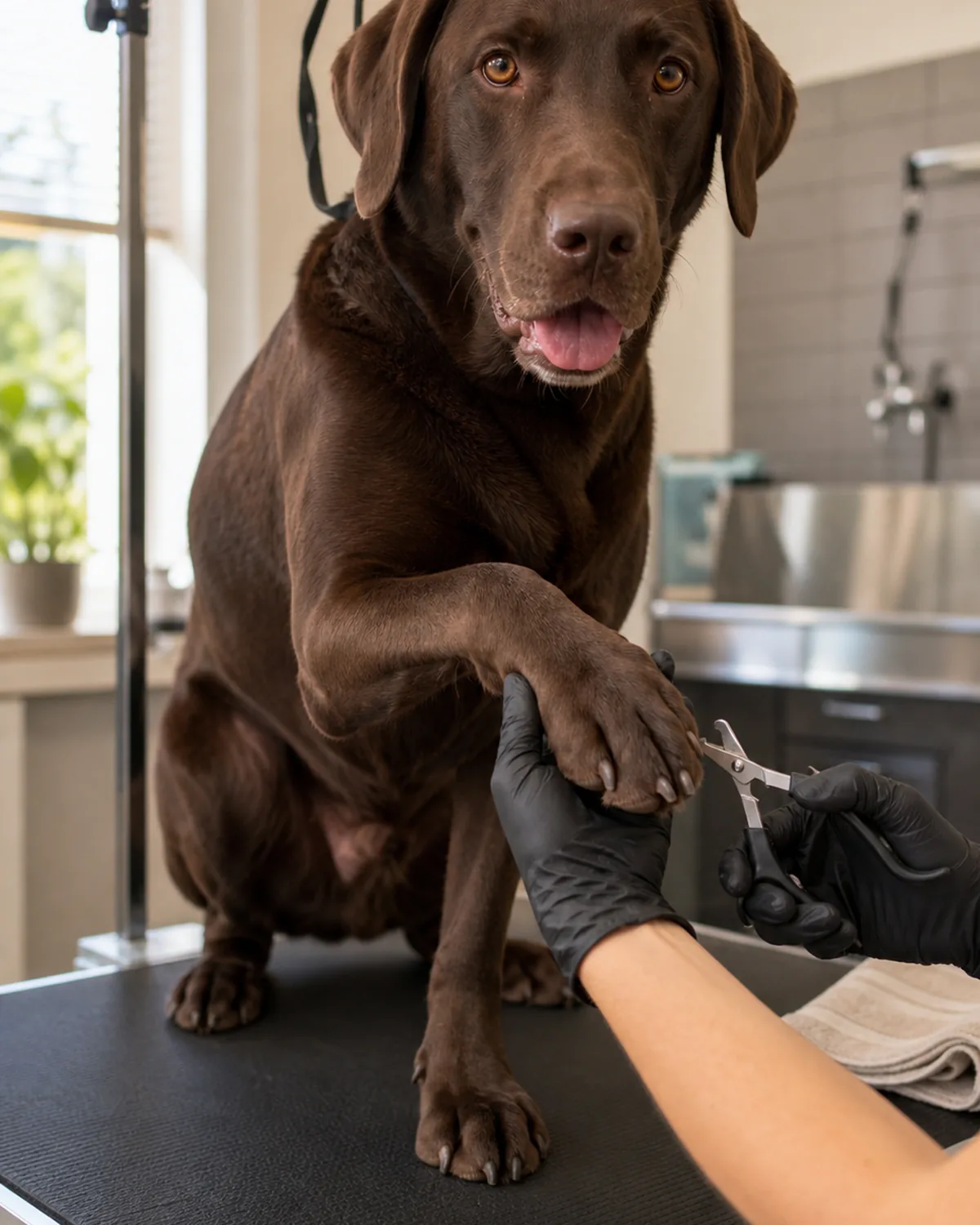 A large solid chocolate-brown short-coated dog with floppy ears standing calmly on a low elevated grooming table covered in a clean non-slip mat in a sunlit grooming room, a professional groomer's gloved hand cradling one front paw with a plain scissor-style clipper nearby