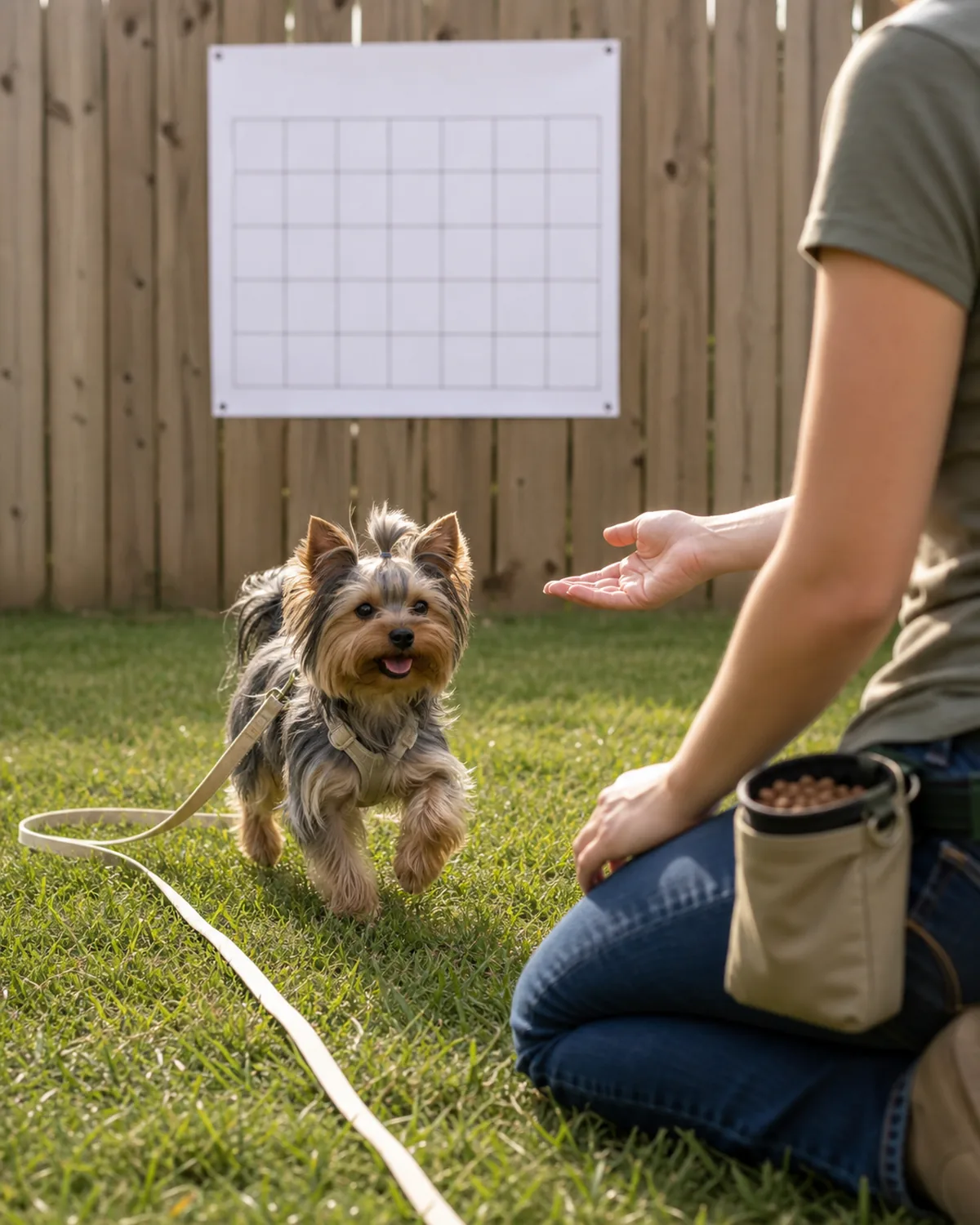 A tiny silky fine-coated steel-blue-and-tan long-haired topknot small-erect-eared dog trotting toward the kneeling owner in a sunlit fenced suburban backyard, the owner with treat pouch open at hip, a plain blank paper calendar grid pinned to a wooden fence in the soft-blurred background
