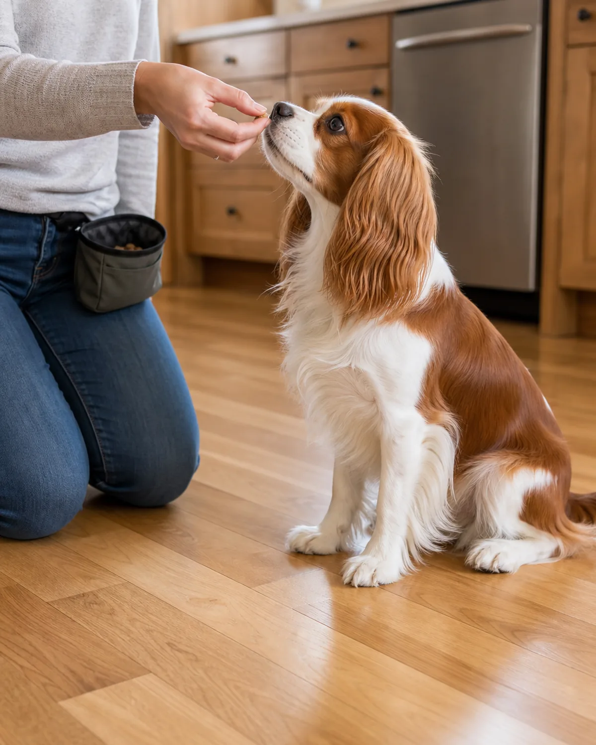 A small chestnut-and-white silky-medium-coated long-feathered-drop-eared round-eyed gentle-faced dog sitting attentively about three feet from a kneeling owner in a sunlit residential kitchen, the owner offering a single small soft treat at dog-nose level as a low-distraction cue charge rep