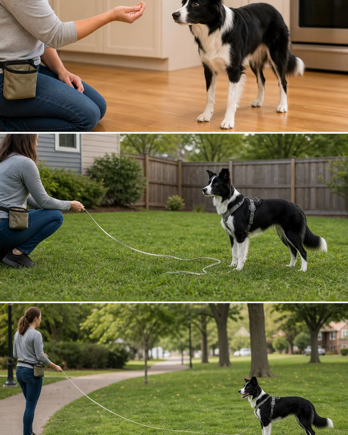A medium athletic black-and-white half-erect-eared intense-gaze medium-coat herding-shape dog shown across a clean three-panel vertical sequence — top panel inside a calm kitchen, middle panel in a green fenced backyard with the owner holding a long line, bottom panel at the soft-blurred edge of a quiet suburban park — the same dog progressing across visibly harder environments
