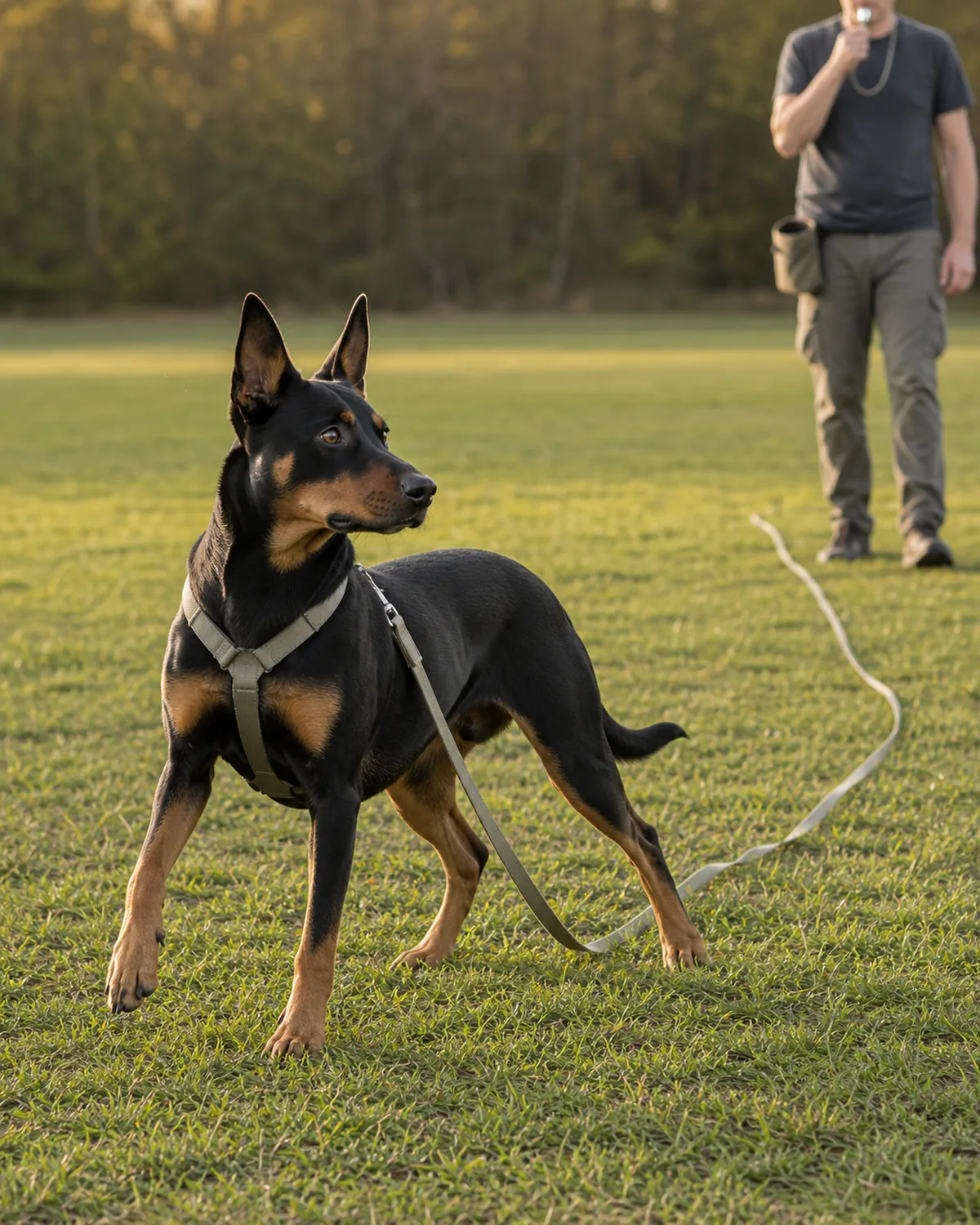 A large lean muscular sleek black-and-tan short-coated upright-eared long-muzzle athletic dog standing alert frozen mid-stride on a cropped grass field at the sound of a whistle, the owner far in soft-blur about thirty feet away holding a small generic referee whistle to the lips