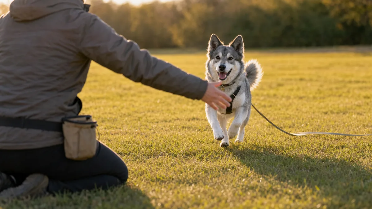 A medium athletic double-coated grey-and-white symmetric-masked erect-triangular-eared dog mid-gallop returning across a golden-hour grass field toward the kneeling owner who is opening both arms wide, a fabric treat pouch visible at the hip and a long flat biothane line trailing slack on the grass