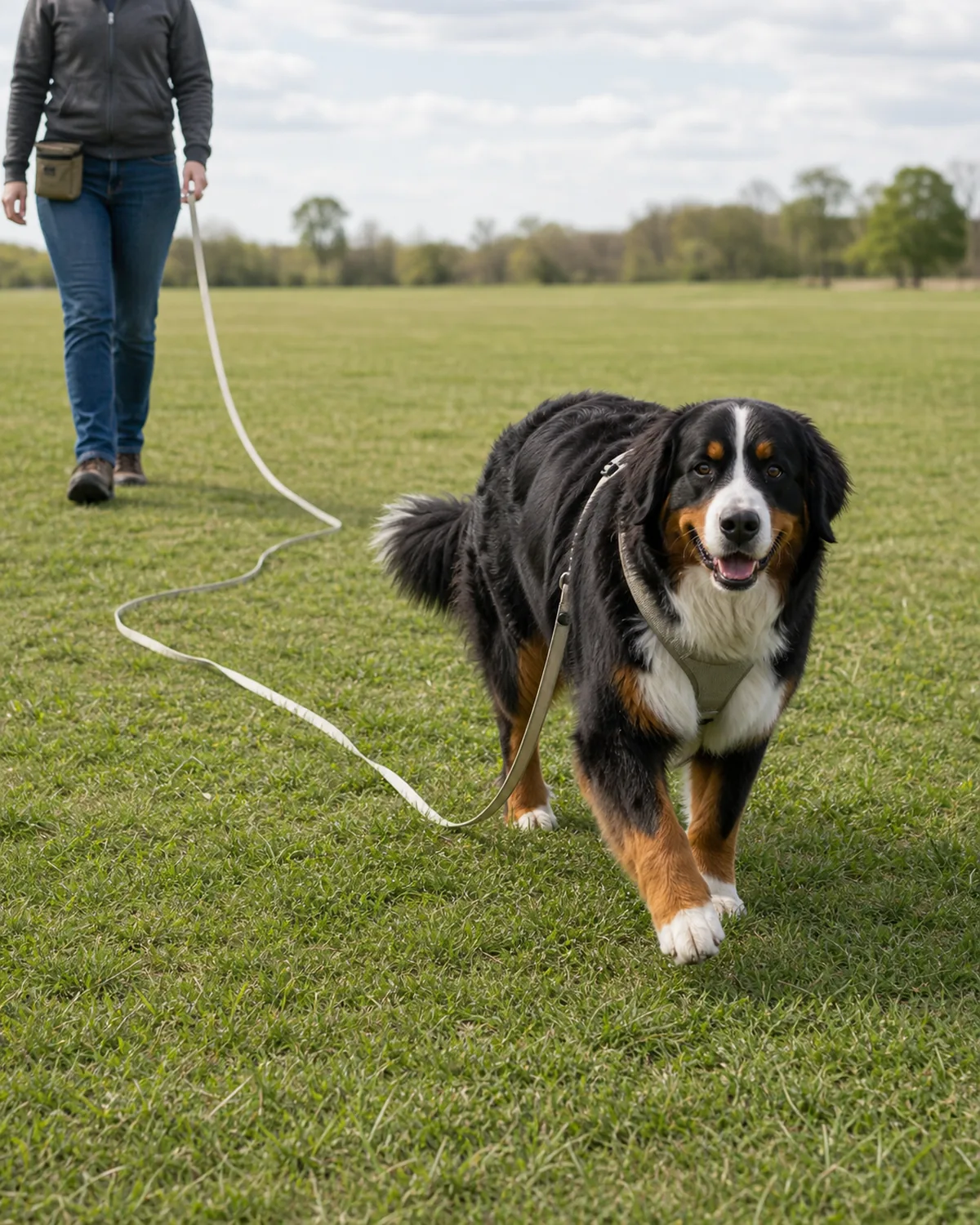 A large sturdy tricolor (black-rust-and-white) long-coated floppy-eared gentle-faced mountain-shape dog trotting across a wide open cropped grass field at the trailing end of a 30-foot plain neutral biothane long line, the owner holding the line loosely with a fabric pouch at hip