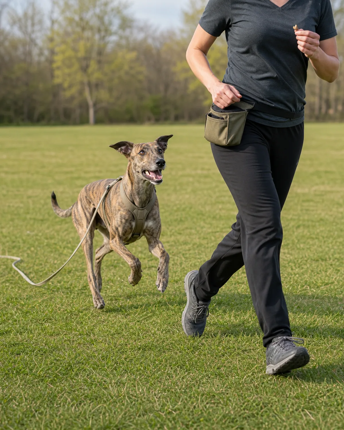 A medium-large lean deep-chested fawn brindle very-long-slim-leg semi-erect-eared sighthound-shape dog mid-gallop chasing the owner who is running backward facing the dog across a cropped grass field, treat pouch open at hip, long line slack on the grass behind the dog