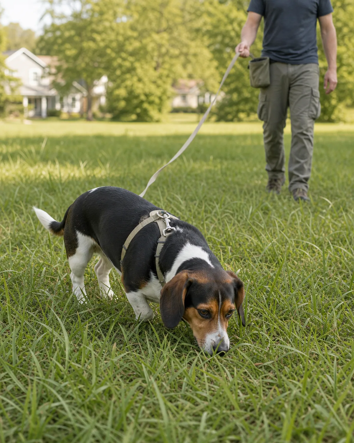 A small sturdy tricolor short-coated long-low-set-floppy-eared hound-shape dog nose-down sniffing intensely in tall grass on a soft suburban field, owner about fifteen feet behind walking calmly toward the dog with one open hand on a plain neutral biothane long line gently taking up the slack