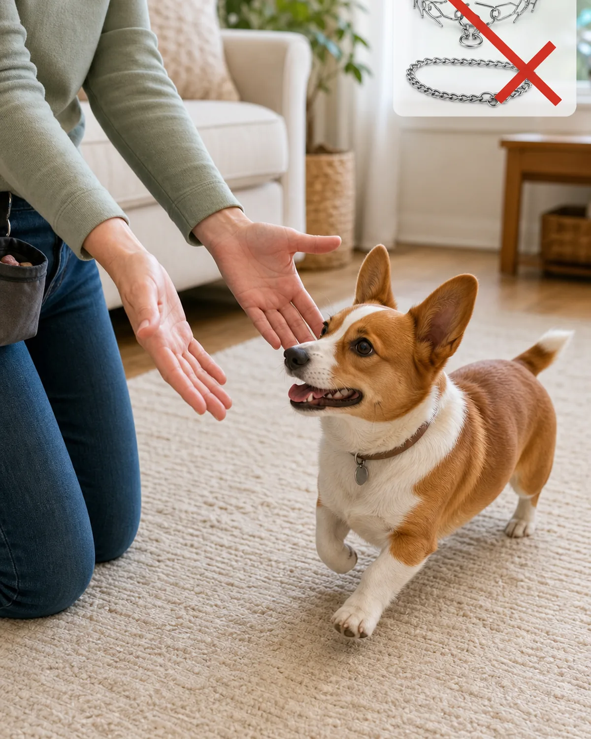 A small short-legged long-low-bodied red-and-white foxy-faced oversized-erect-eared dog trotting calmly into the open arms of a kneeling owner on a soft cream rug in a sunlit living room, with a small clearly-faded icon-style warning inset in the upper-right corner showing a soft-blurred silhouette of forbidden prong and choke collars overlaid with a bright red X warning
