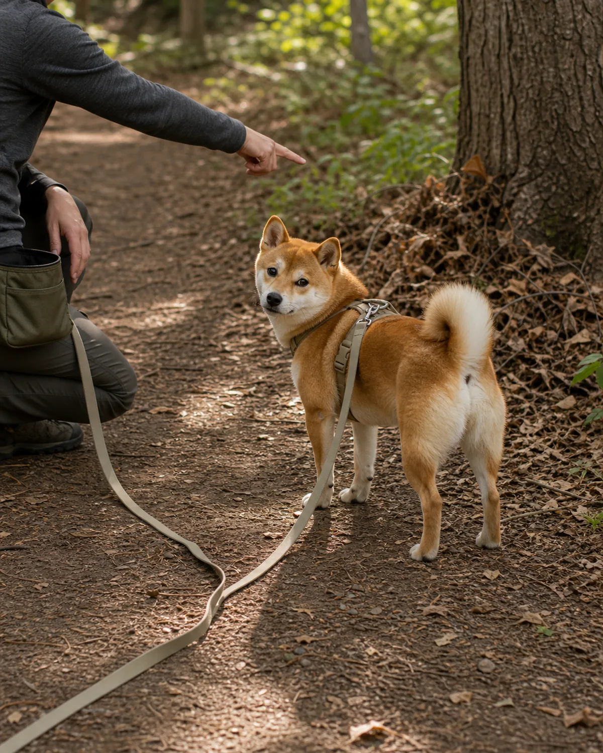 A small compact thick orange-red double-coated white-underside erect-eared fox-faced curled-tail dog standing in profile at the edge of a soft forest trail looking back at the kneeling owner whose hand points toward a nearby tree, indicating a go-sniff release after a successful recall