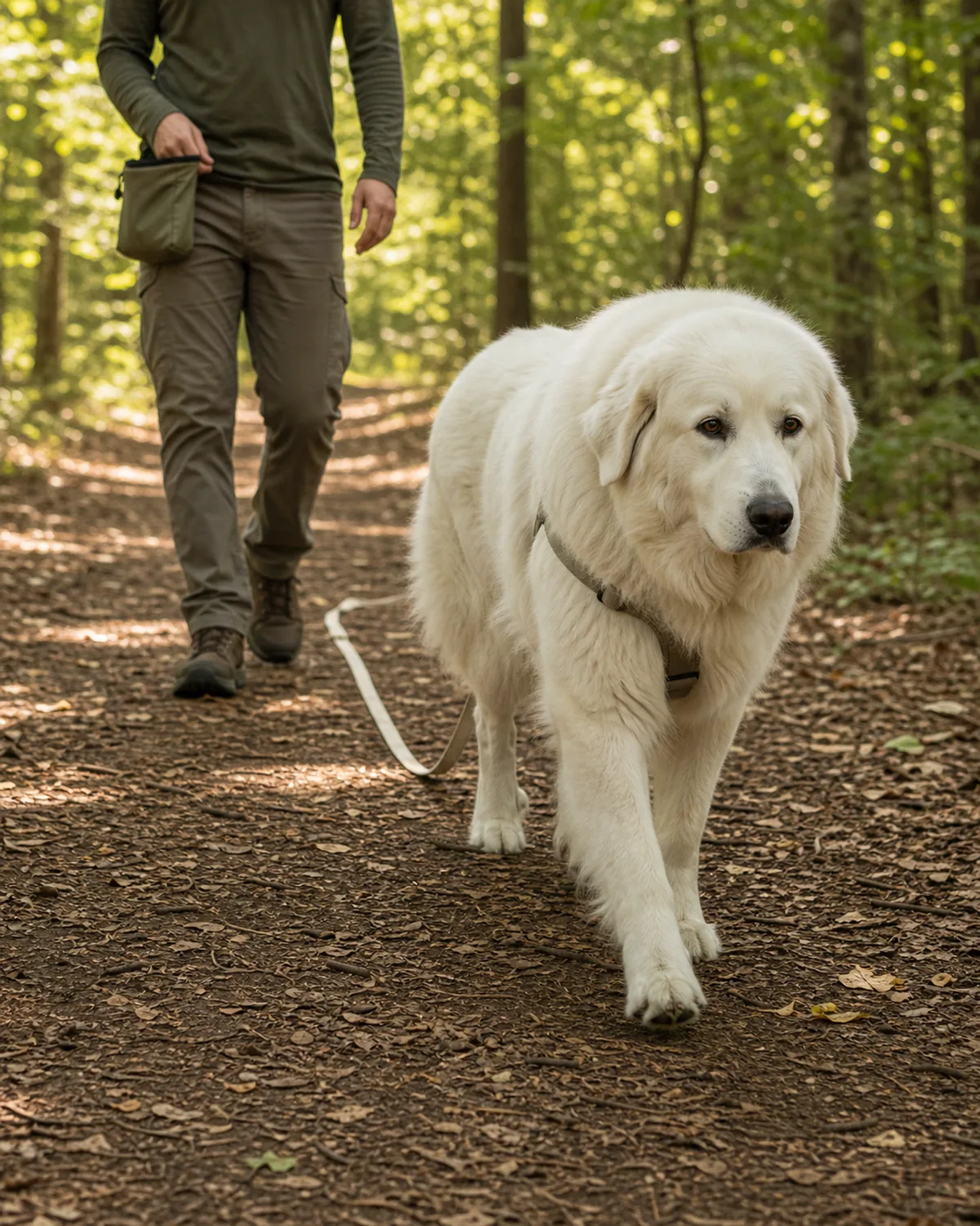 A giant solid-white thick long-coated maned-neck floppy-eared gentle-faced dog walking softly along a quiet forest trail in dappled afternoon light, a 15-foot plain neutral cotton drag-line trailing loose behind from a back-clip harness, the owner about ten feet behind walking calmly with a hand near a fabric pouch