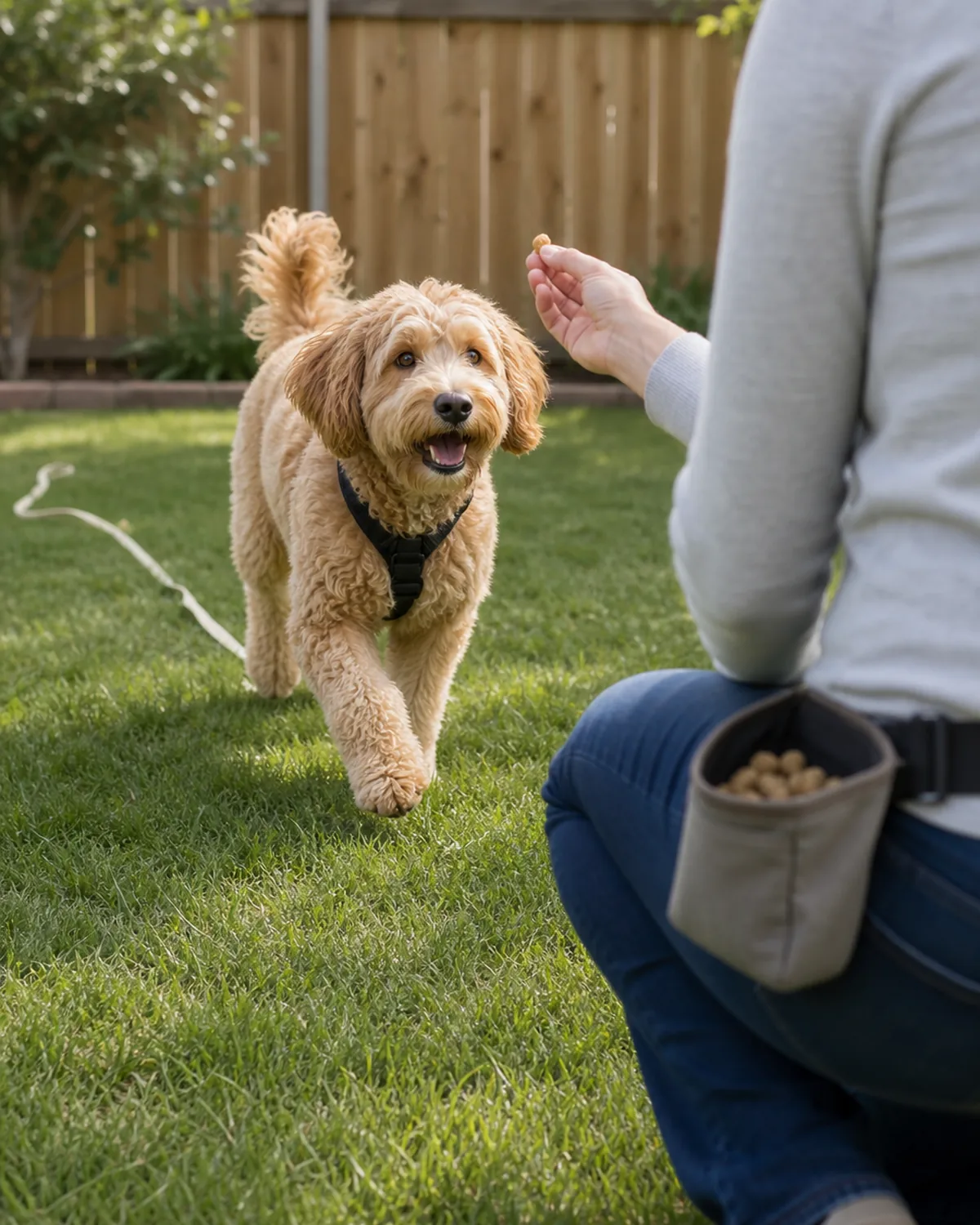 A medium soft shaggy wavy apricot floppy-eared rounded teddy-bear-face dog trotting voluntarily across a clean fenced backyard toward the kneeling owner, one open hand holding a small soft treat, a fabric treat pouch at the hip, and a plain neutral biothane long line trailing slack from a Y-front back-clip harness on the dog