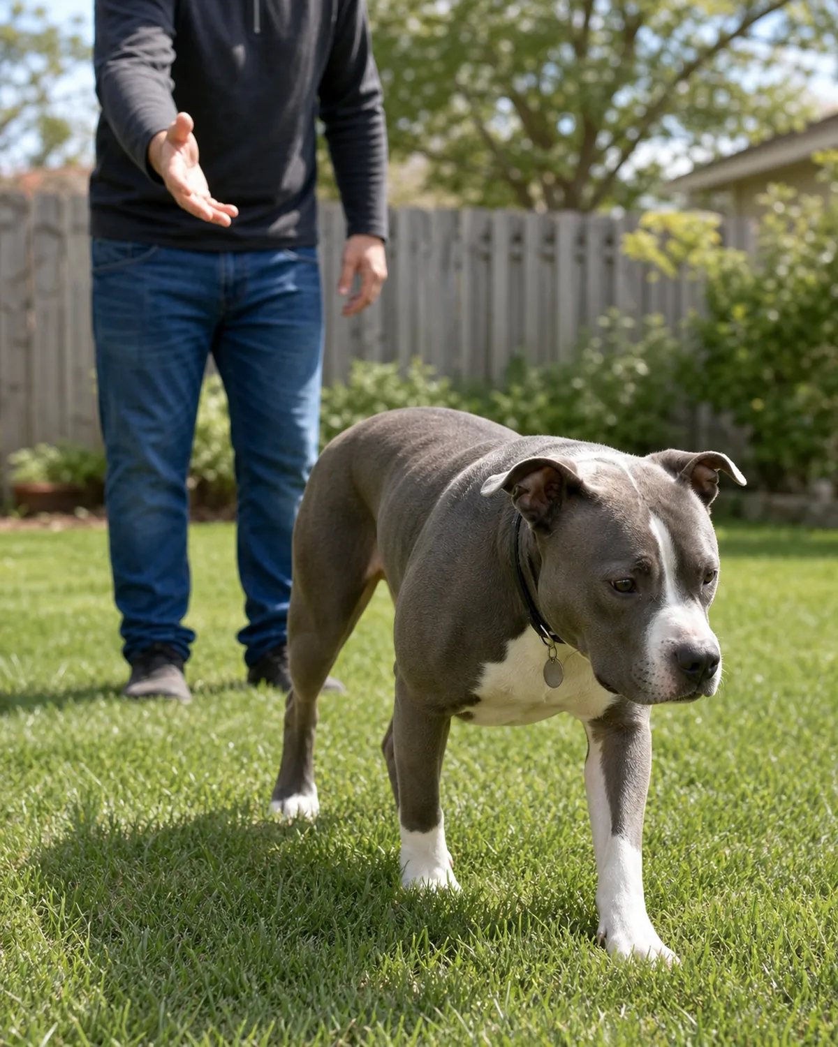 A medium muscular dog about two years old with a broad blocky head, wide-set eyes, and a short smooth solid blue-grey-and-white coat walking calmly away across a green suburban backyard, the owner about fifteen feet behind with one outstretched empty hand mid-call, the dog clearly ignoring the call
