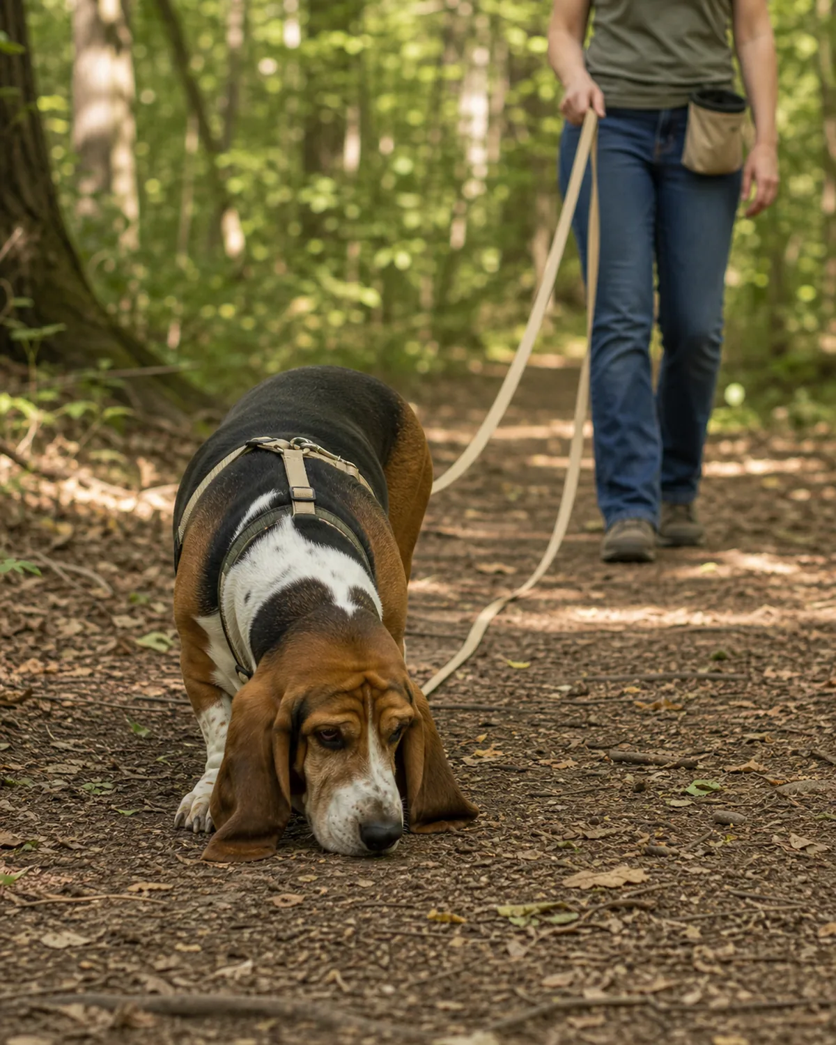 A medium short-legged long-bodied tricolor short-coated extremely-long-dragging-floppy-eared loose-skinned scent-hound nose-down on a soft forest trail intensely following a scent line, owner about twelve feet behind standing calmly with one hand holding a long line slack, posture neutrally accepting "manage not train"