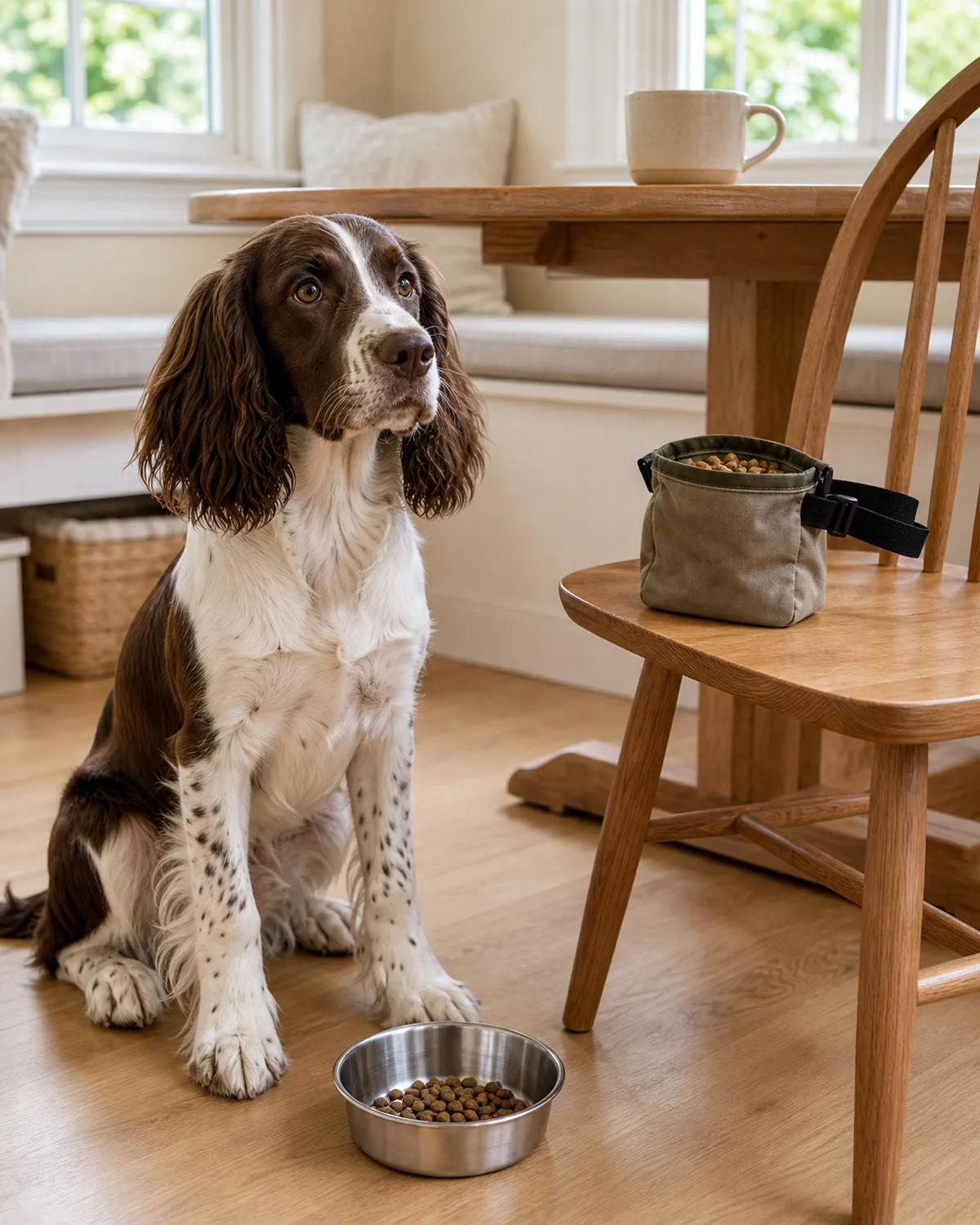 A medium athletic puppy about six months old with a liver-and-white silky medium coat, long feathered drop ears, and feathered legs sitting calmly on a clean light hardwood floor at a small sunlit dining nook beside a small plain stainless-steel breakfast bowl with measured dry kibble, a plain fabric belt-style treat pouch holding a small handful of identical kibble pieces sitting on a plain wood chair beside the puppy