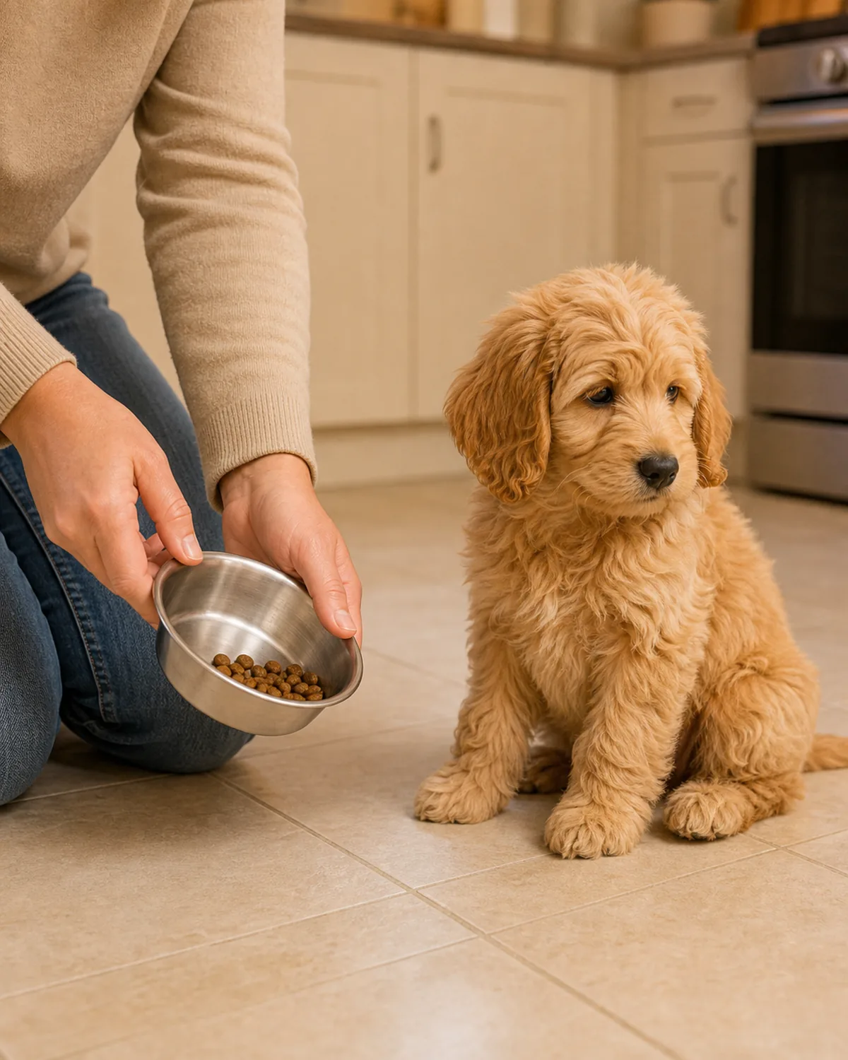 A medium shaggy apricot wavy-coated floppy-eared puppy about twelve weeks old sitting calmly on a clean light tile kitchen floor in soft warm indoor evening light, the owner kneeling beside and gently lifting a small plain stainless-steel food bowl up off the floor, the bowl clearly still holding a third of a portion of uneaten dry kibble, the puppy looking softly off to the side