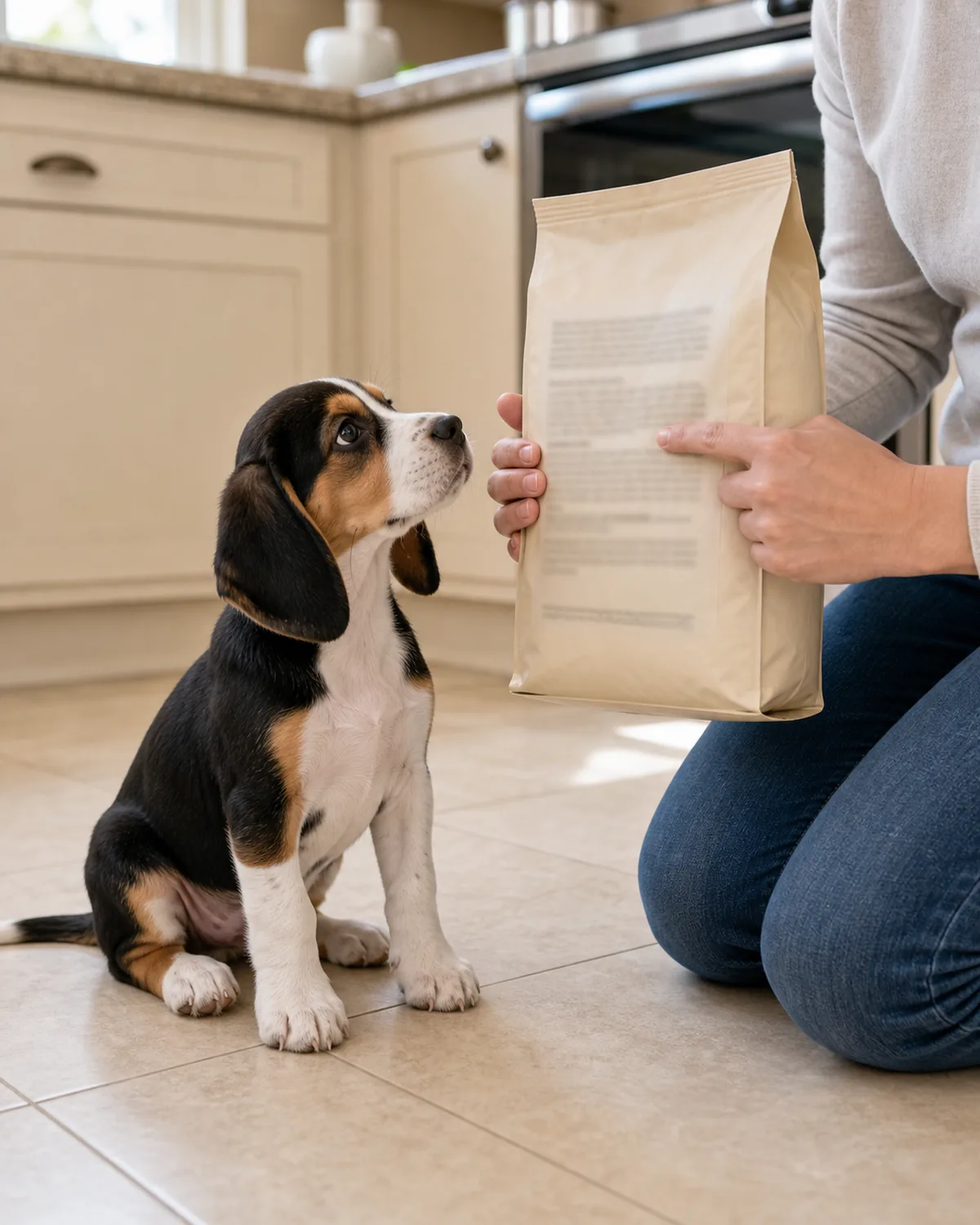 A small sturdy tricolor short-coated long-eared puppy about ten weeks old sitting on a clean light tile kitchen floor looking up curiously at the owner, who is kneeling and holding a plain unbranded cream kibble bag turned to its back panel with one index finger tracing along a single specific line as if reading a nutritional adequacy statement, no real brand name visible