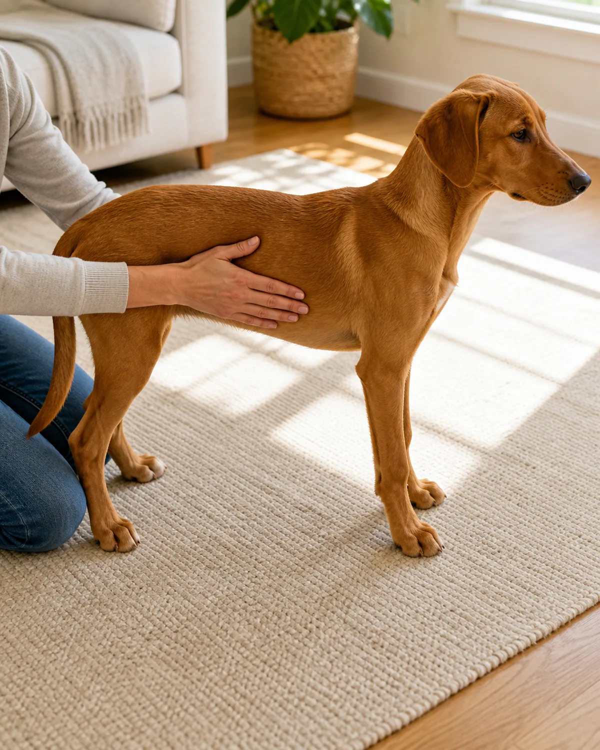 A medium-large sleek puppy about six months old with a uniform rusty golden-brown short coat, floppy ears, and a long lean muzzle standing in profile on a cream rug while the owner kneels and lays one flat hand lightly over the puppy's ribcage, the puppy's visible hourglass waist tuck clearly readable from a slightly elevated angle