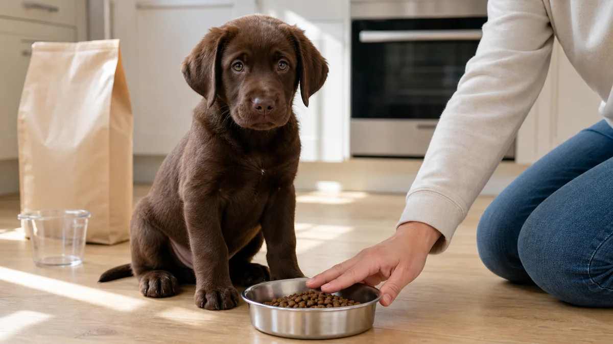 A solid chocolate-brown short-coated floppy-eared puppy about twelve weeks old sitting attentively in front of a small plain stainless-steel bowl on a light hardwood kitchen floor, the owner kneeling beside with one gentle hand resting on the bowl rim as a wait cue, a plain unbranded cream kibble bag and a plain glass measuring cup blurred a few feet behind