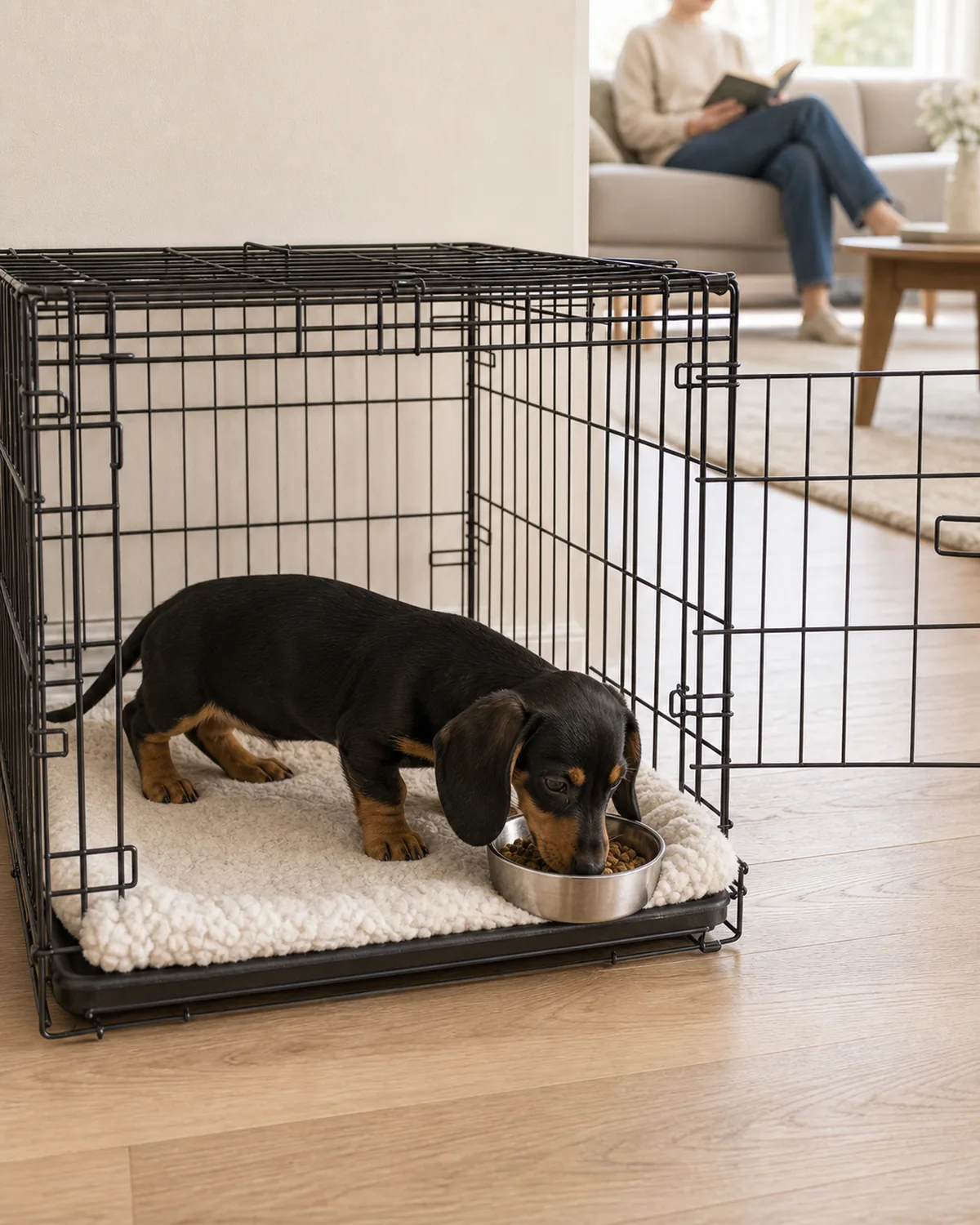 A small smooth black-and-tan puppy about four months old with a very long low body and very short legs and long low-set floppy ears eating calmly from a small plain stainless-steel bowl placed inside a plain open wire crate with a soft fleece mat in a quiet living-room corner in soft late-afternoon daylight, the owner visible far in the soft-blurred background sitting calmly on a sofa with a book about fifteen feet away