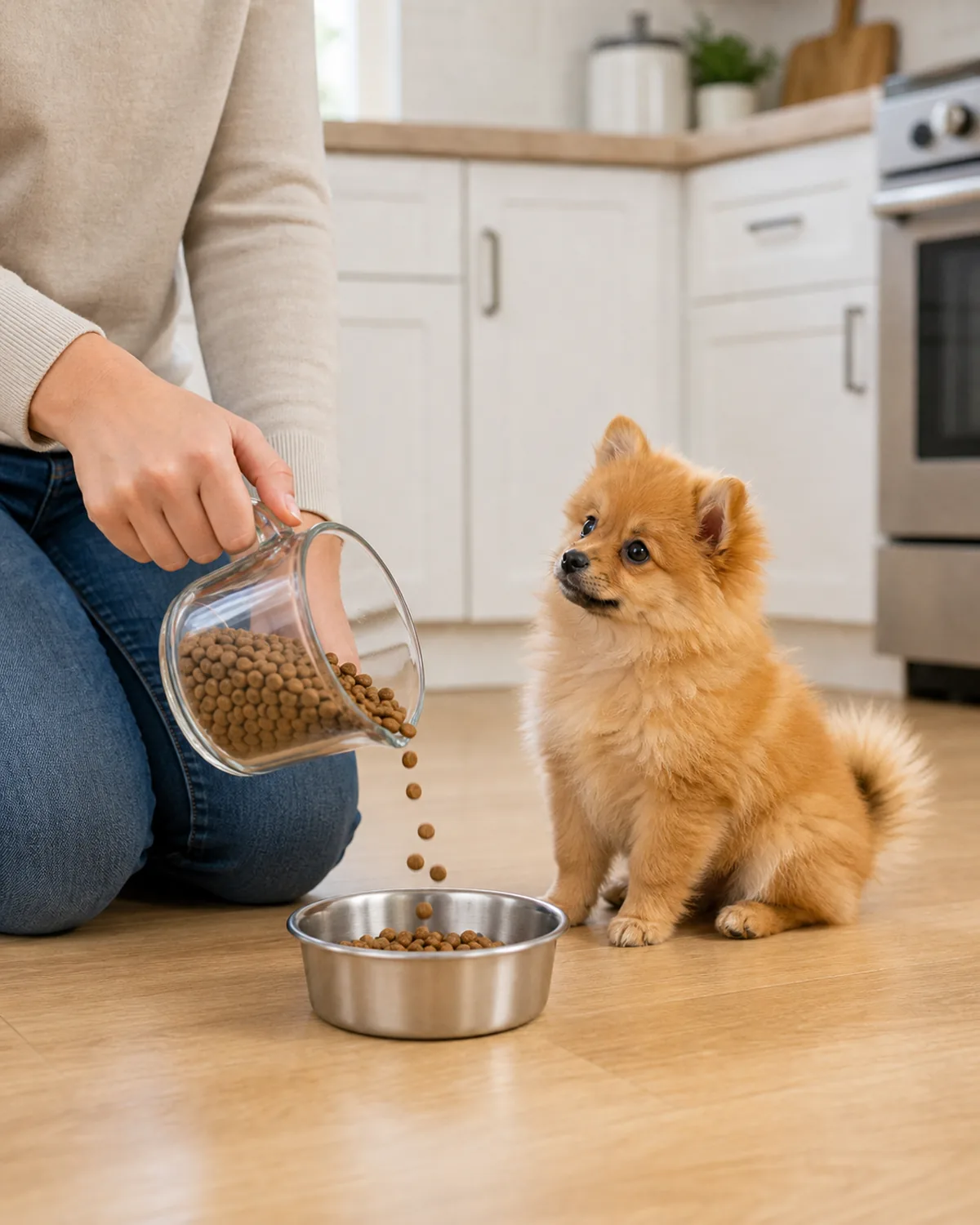 A tiny puppy about three months old with a profuse fluffy orange double coat, a foxy face, small erect ears, and a plumed curled tail sitting calmly on a clean hardwood kitchen floor looking up softly while the owner kneels with a plain clear glass one-cup measuring cup tilted at a gentle pour angle, dry kibble flowing in a clean stream into a small plain stainless-steel food bowl on the floor