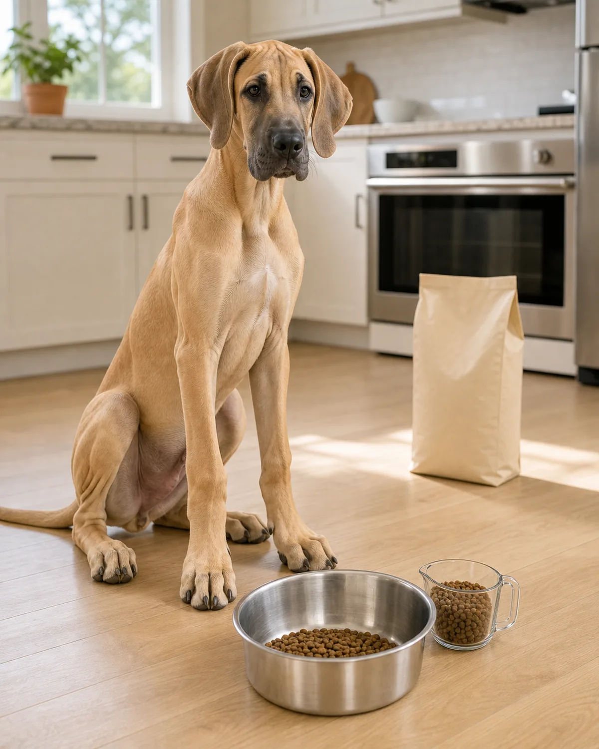 A very tall lean giant puppy about four months old with a short fawn coat, long legs and neck, and floppy ears sitting calmly on a clean hardwood kitchen floor in front of a noticeably larger plain stainless-steel bowl with a measured portion of kibble, a plain glass measuring cup beside it and a separate plain unbranded cream kibble bag a few feet behind on the floor, giant-puppy scale clearly preserved