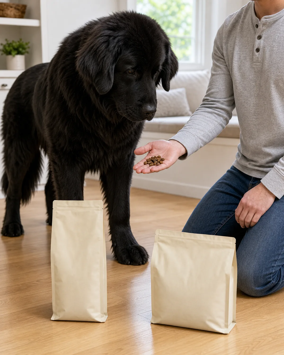 A giant puppy about eight months old with a thick solid-black long coat, heavy bone, and floppy ears standing calmly on a clean light hardwood floor between two plain unbranded matte cream kibble bags standing a few feet apart on the floor, one slightly taller and one slightly shorter, and the owner kneeling between with one open palm holding a roughly 25-to-75 mix of two visibly slightly different kibble shapes to show the transition