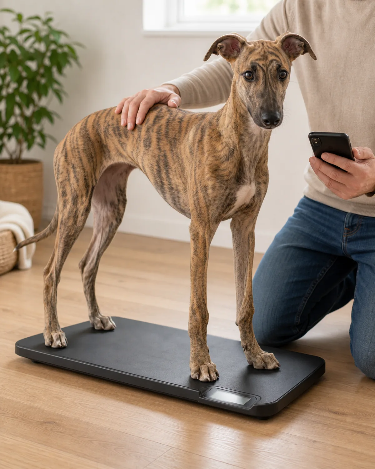 A medium-large lean deep-chested puppy about five months old with a tucked waist, arched loin, very long slim legs, a short fawn brindle coat, and semi-erect rose-folded ears standing calmly on a plain rubber-mat home digital weight scale on a clean light hardwood floor, the owner kneeling beside with a plain smartphone in one hand and the other gentle hand resting lightly on the puppy's back, the digital readout deliberately out of focus