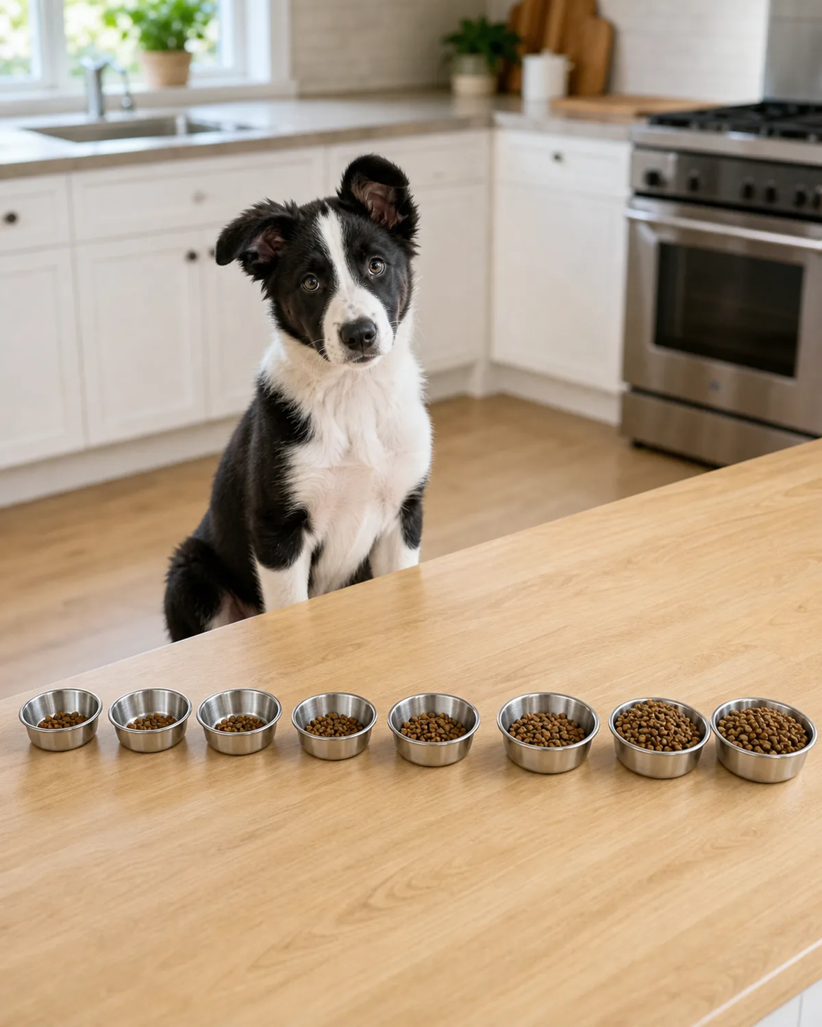 A medium athletic puppy about three months old with a black-and-white coat including a white blaze and chest, half-erect ears, and a soft attentive face sitting beside a clean light hardwood kitchen counter on which nine identical small plain stainless-steel bowls are arranged left to right in a clear descending sequence of four bowls then three bowls then two bowls, the portion size in each bowl growing as the count drops