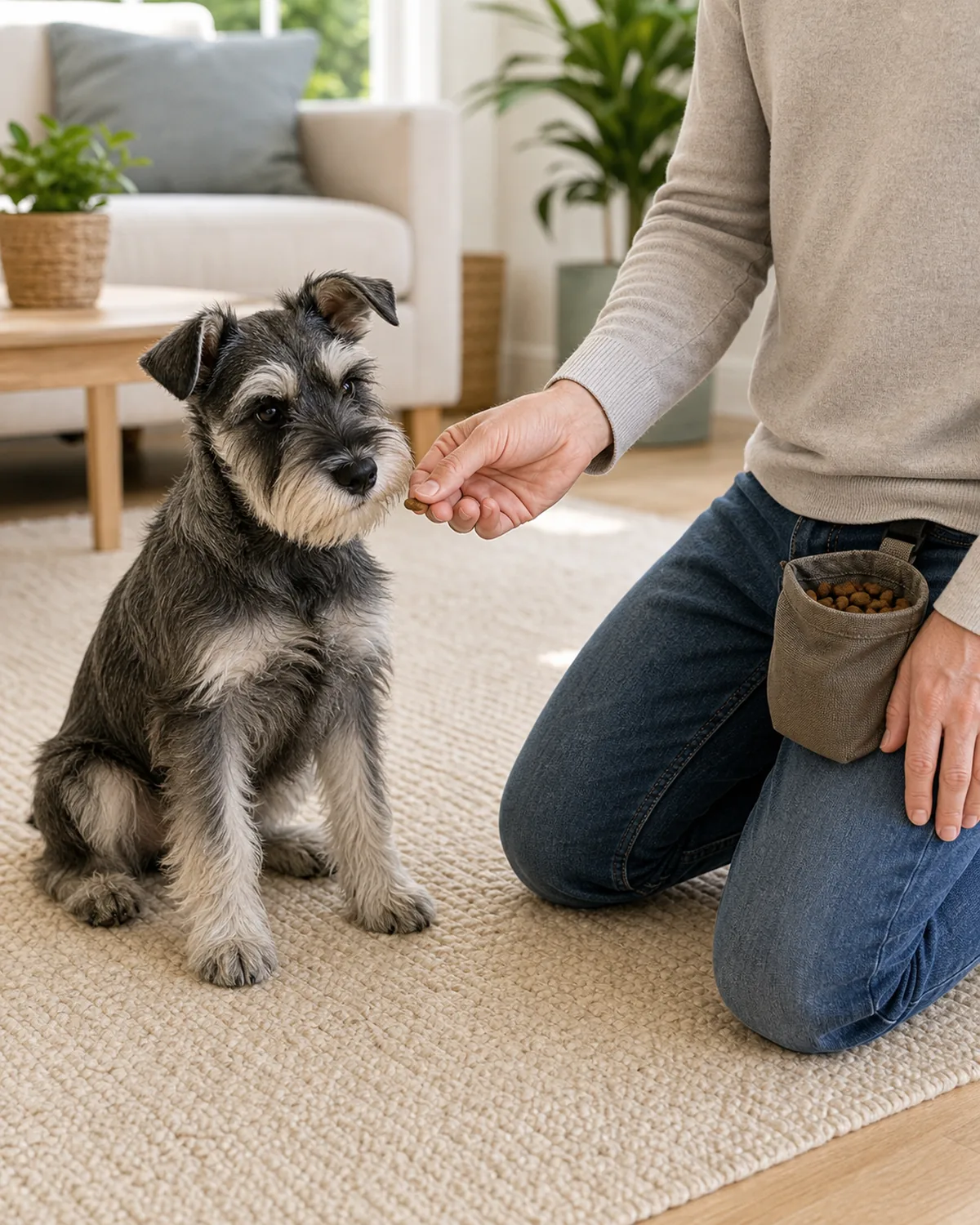 A small square puppy about five months old with a wiry salt-and-pepper grey coat, bushy eyebrows and beard, semi-erect ears, and an alert soft face sitting calmly on a soft cream rug in a sunlit living room, the owner kneeling beside with one hand at the puppy's mouth level offering a single small plain dry kibble piece, a plain fabric belt-style treat pouch at the owner's hip visibly holding a small handful of identical kibble pieces