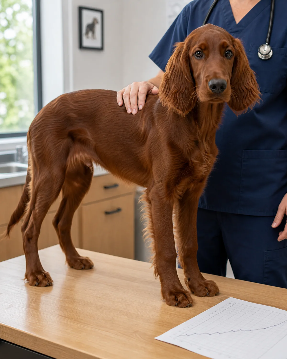 A large lean puppy about six months old with a solid deep mahogany-red long silky feathered coat and long floppy feathered ears standing calmly on a plain unfinished wood vet exam table in a soft natural-lit clinic exam room, the vet's face out of frame in a plain navy scrub top with one gentle hand resting on the puppy's shoulder and a plain generic stethoscope around the neck, a plain unbranded weight-curve chart on the table corner with a deliberately out-of-focus handwritten upward trend
