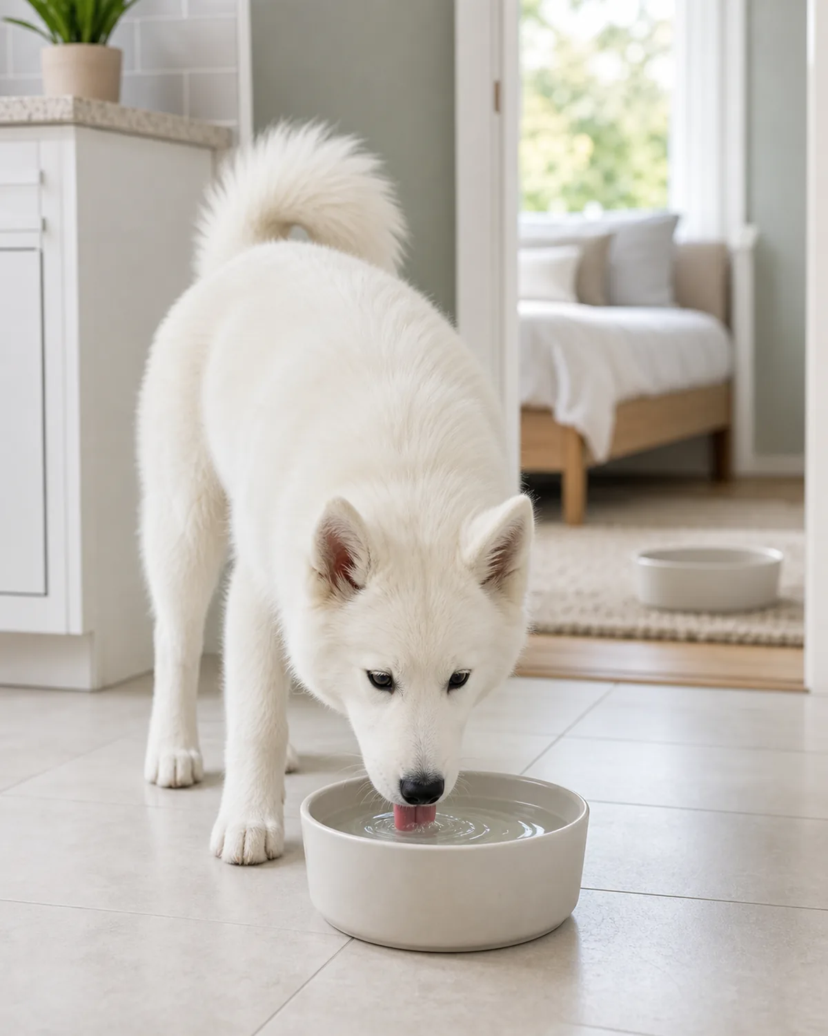 A large puppy about five months old with a thick stand-off pure-white double coat, erect ears, an upturned soft smiling mouth, and a curled tail drinking softly from a plain matte ceramic water bowl on a clean light tile kitchen floor, in the soft-blurred background through an open doorway a second plain matte ceramic water bowl is visible on the floor of a quiet bedroom