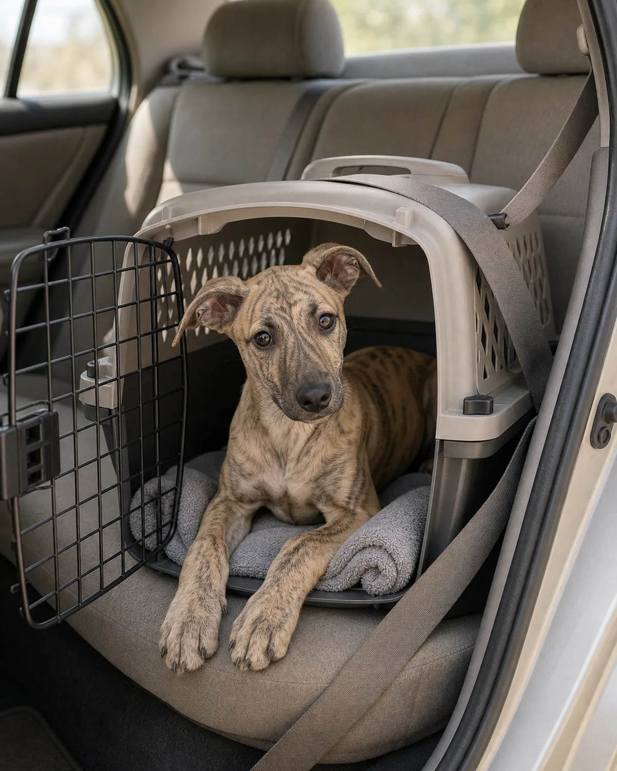 A small sturdy brindle Boxer-shape puppy at about 9 weeks with brindle tiger-stripe short smooth coat, a broad blocky proportionate puppy head, semi-erect rose-fold ears, a sturdy compact frame, and a large head with oversized paws lying calmly on a plain rolled towel inside a plain unbranded carrier secured by a plain seat-belt strap on the rear passenger footwell of a car with soft-focus upholstery
