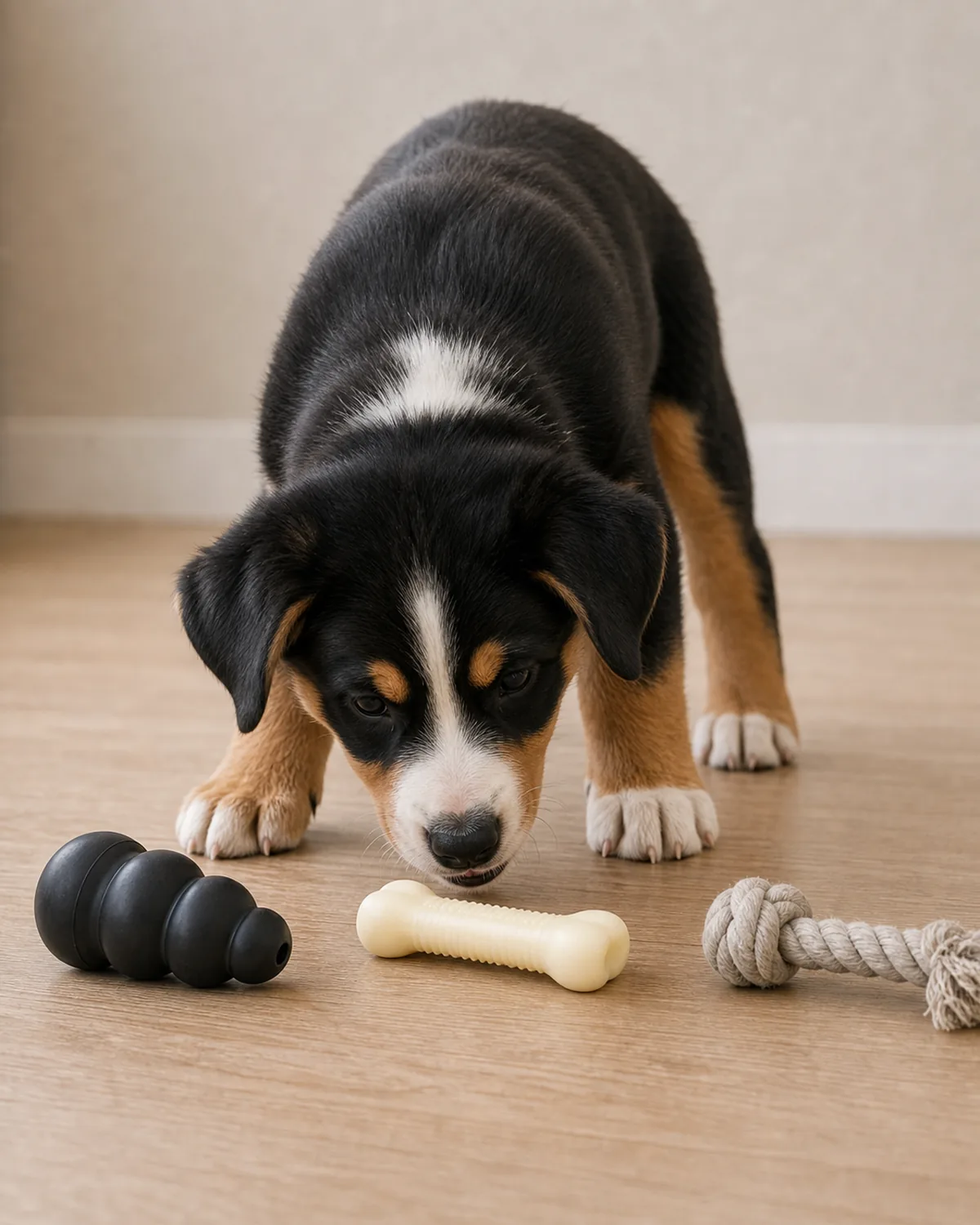 A small lively black-and-white Border-Collie-shape puppy at about 10 weeks with uniform black-and-white medium coat, semi-erect tipped ears, a brilliant alert face, a lean small frame, and a large head with oversized paws lying calmly on a plain neutral rug next to three plain unbranded chew toys arranged in a small row, soft warm daylight