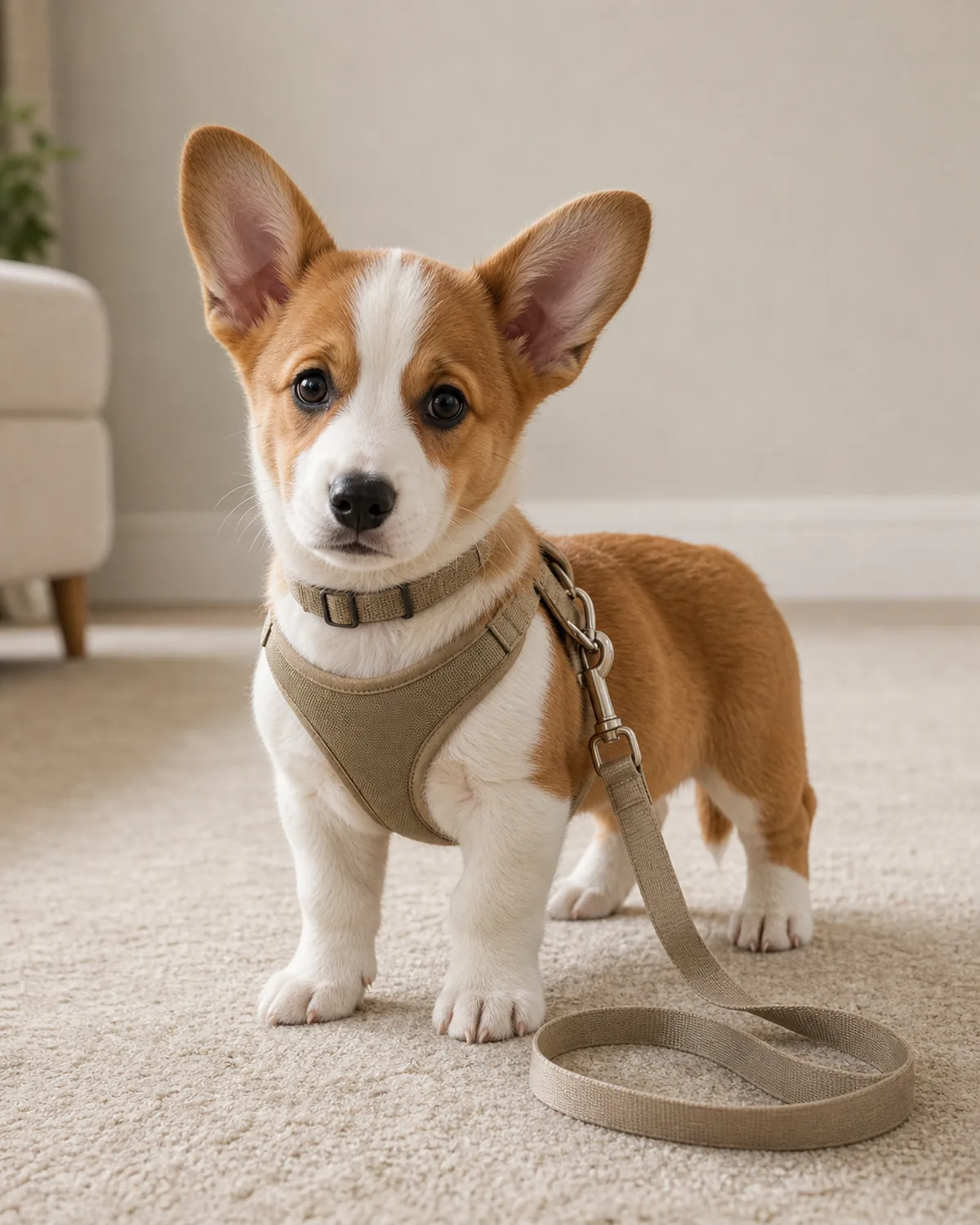 A small sturdy chocolate-and-tan Dachshund-shape puppy at about 10 weeks with uniform deep chocolate-and-tan short smooth coat, long pendant ears, very short legs proportionate to puppy frame, oversized paws, loose puppy skin, and a large head sitting calmly on a plain wood floor wearing a plain unbranded flat buckle collar with a plain Y-front harness loose beside her and a plain rolled six-foot leash on the floor