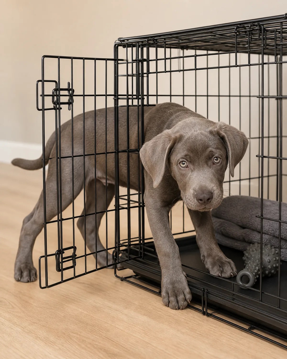 A medium uniform fawn Boxer-shape puppy at about 10 weeks with brindle short smooth coat, a broad blocky proportionate puppy head, semi-erect rose-fold ears, a sturdy compact frame, and a large head with oversized paws lying calmly inside a plain unbranded wire crate with the door open, a plain rolled towel on the crate floor, on a plain neutral wood living-room floor in soft warm daylight