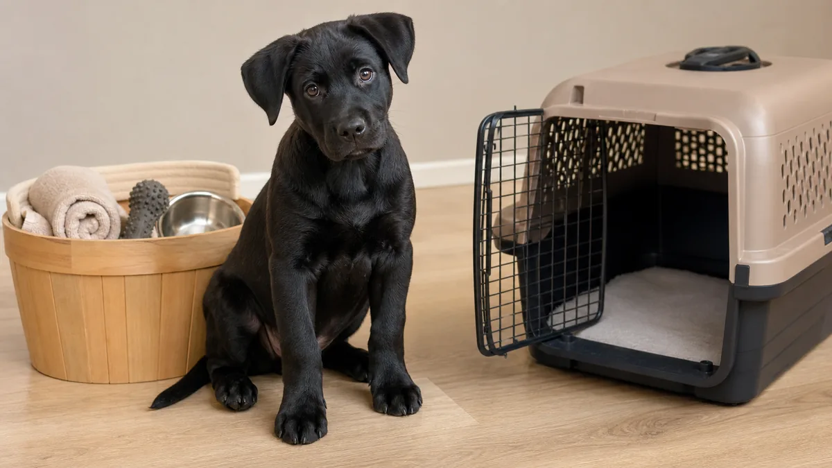 A medium uniform black Lab-shape puppy at about 9 weeks with a glossy black short coat, soft floppy ears, a large head with oversized paws, and a rounded soft puppy frame sitting calmly beside a plain unbranded woven basket holding rolled towels, a plain stainless bowl, a plai...
