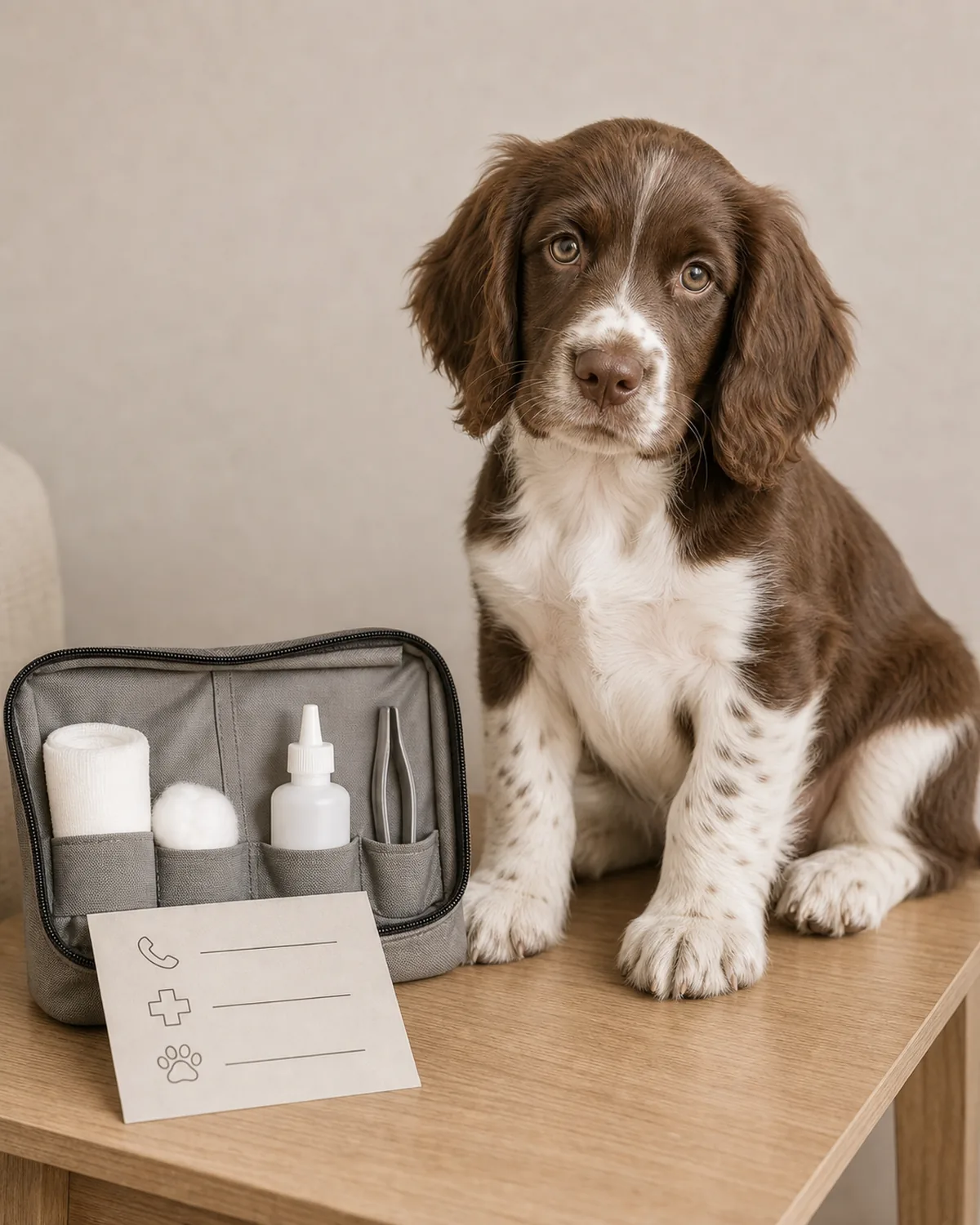 A medium sturdy black-and-rust Doberman-shape puppy at about 12 weeks with uniform deep black-and-rust short smooth coat, natural uncropped floppy ears, a lean athletic frame, and a large head with oversized paws lying calmly on a plain wood floor beside a plain unbranded first-aid pouch with the zipper open showing a plain rolled gauze, a plain pair of small scissors, and a plain digital thermometer, soft warm daylight