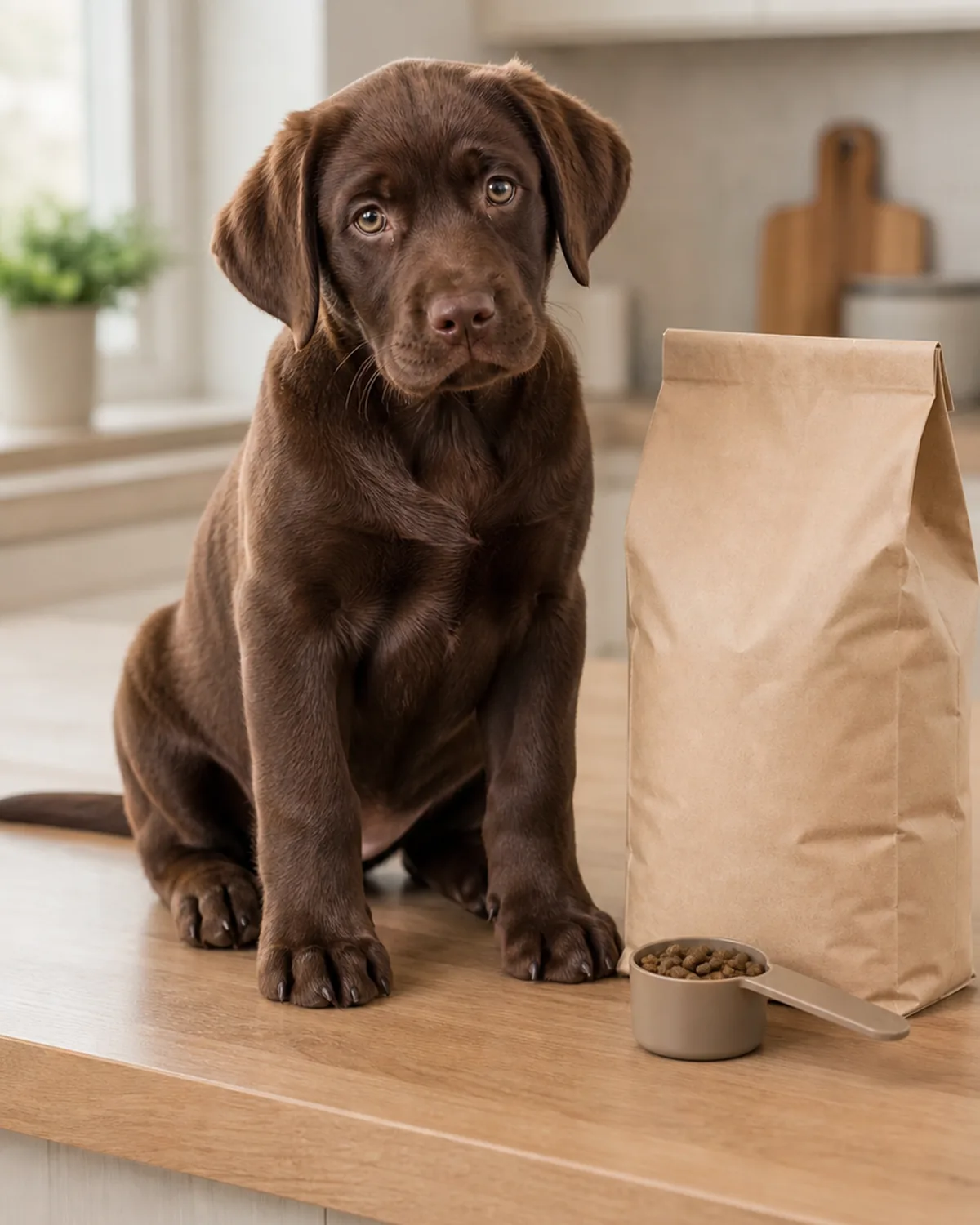 A medium athletic cream Golden-shape puppy at about 9 weeks with uniform cream short-to-medium coat, floppy ears, a friendly broad head, glossy puppy fur, and a large head with oversized paws sitting calmly on a plain neutral kitchen tile floor beside a plain unbranded paper kibble bag with a generic neutral label silhouette and a plain measuring scoop resting on top, soft warm morning daylight