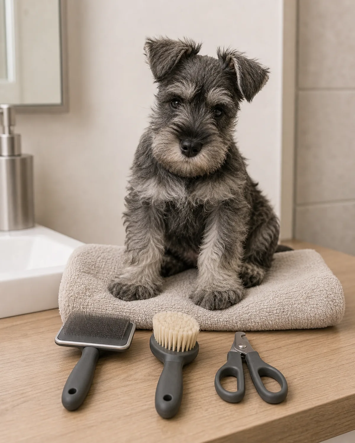A medium athletic apricot Standard-Poodle-shape puppy at about 12 weeks with apricot curly tight medium coat, floppy ears, a long elegant muzzle, a lean tall puppy frame, and a large head with oversized paws standing calmly on a plain wood floor beside a plain unbranded slicker brush, a plain pair of nail clippers, and a plain bottle of puppy shampoo arranged in a small row, soft warm window daylight