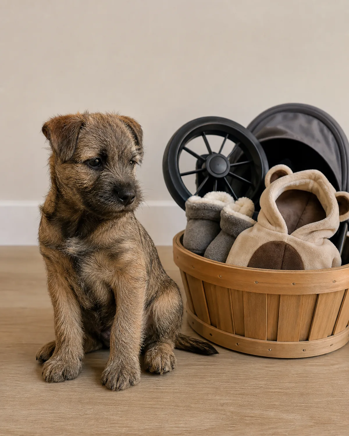 A medium uniform fawn smooth-coated semi-floppy-eared mixed-shape puppy at about 11 weeks with a large head, oversized paws, and a rounded soft frame sitting calmly on a plain wood floor next to a plain unbranded shopping basket with the flap closed, soft warm window daylight from a side window