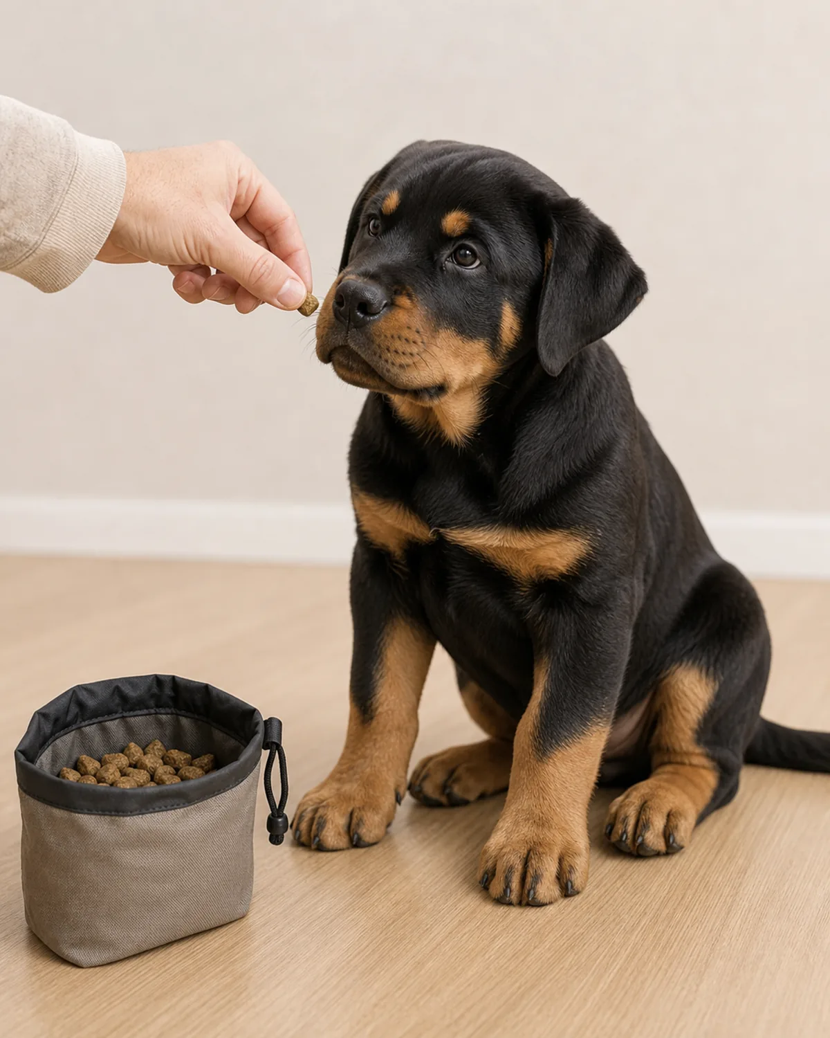 A small lively warm fawn Chihuahua-shape puppy at about 10 weeks with uniform warm fawn short smooth coat, large erect ears proportionate to puppy size, an apple-dome head, a tiny rounded frame, and oversized paws sitting calmly on a plain wood floor next to a plain unbranded treat pouch with the flap open showing small generic soft training treats, soft warm daylight from a side window