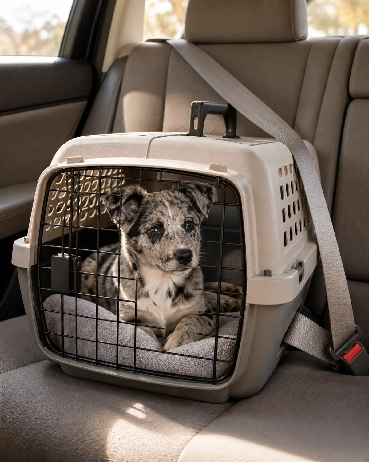 A small sturdy brindle Boxer-shape puppy at about 11 weeks with brindle tiger-stripe short smooth coat, a broad blocky proportionate puppy head, semi-erect rose-fold ears, a sturdy compact frame, and a large head with oversized paws lying calmly on a plain rolled towel inside a plain unbranded carrier secured by a plain seat-belt strap on the rear passenger footwell of a car with soft-focus upholstery in the background