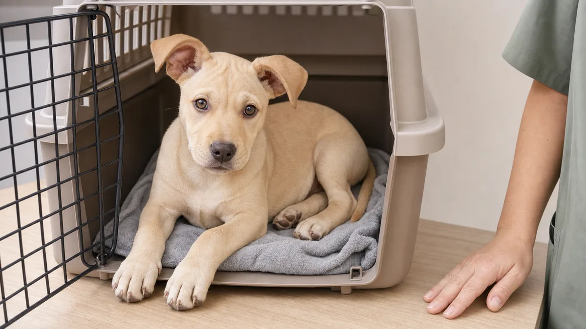 A medium uniform warm fawn smooth-coated semi-floppy-eared mixed-shape puppy at about 10 weeks with a large head, oversized paws, and a rounded soft frame lying calmly on a plain rolled towel inside a plain unbranded carrier with the door slightly open, the carrier placed on a pl