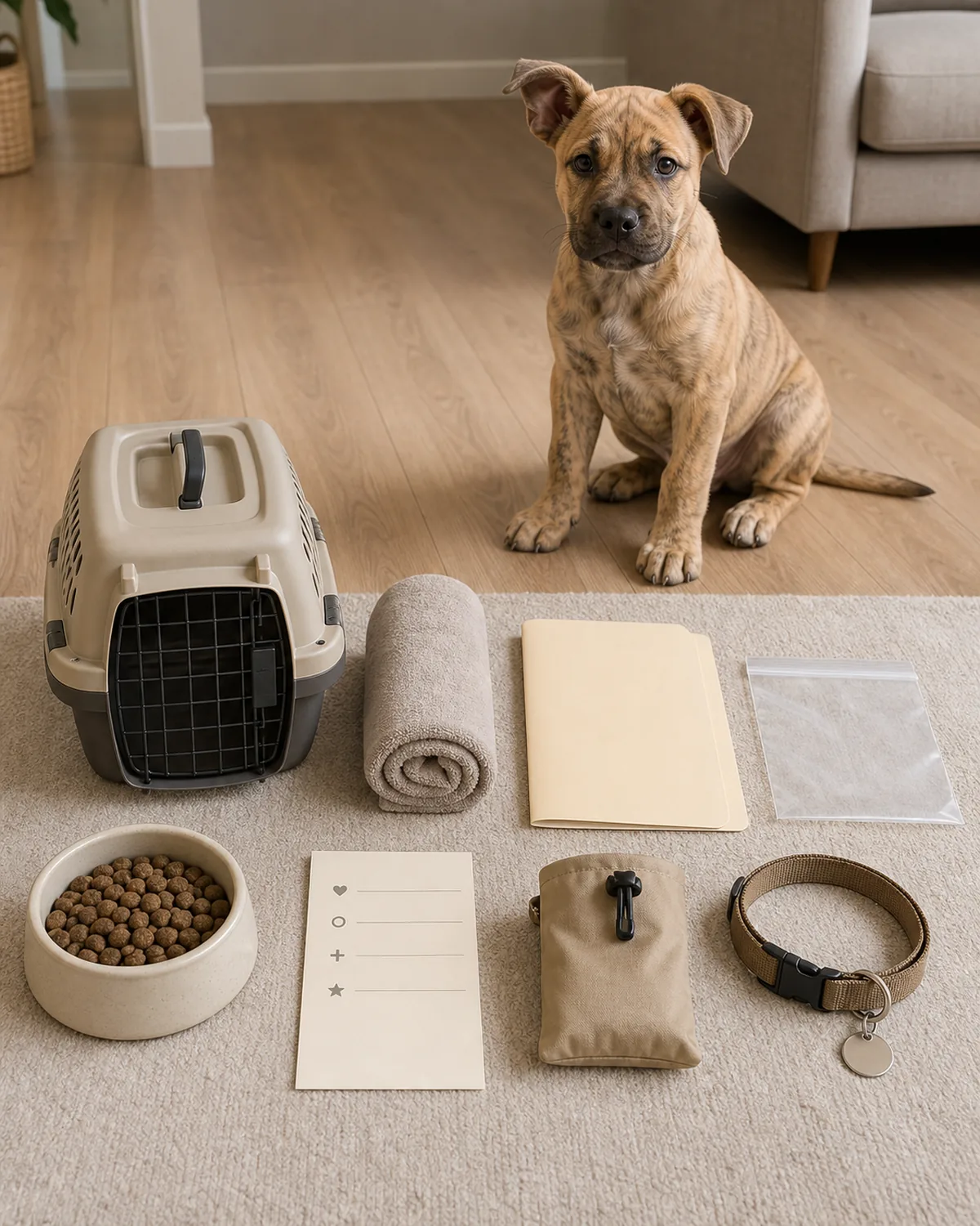 A medium sturdy wheaten Wheaten-shape puppy at about 12 weeks with uniform wheaten soft wavy medium coat, V-shape folded ears, a sturdy square frame, and a large head with oversized paws sitting calmly on a plain wood floor beside a plain unbranded tote bag with the opening showing the edges of a plain rolled towel, a plain unbranded carrier handle, a plain paper card, and a plain treat pouch inside