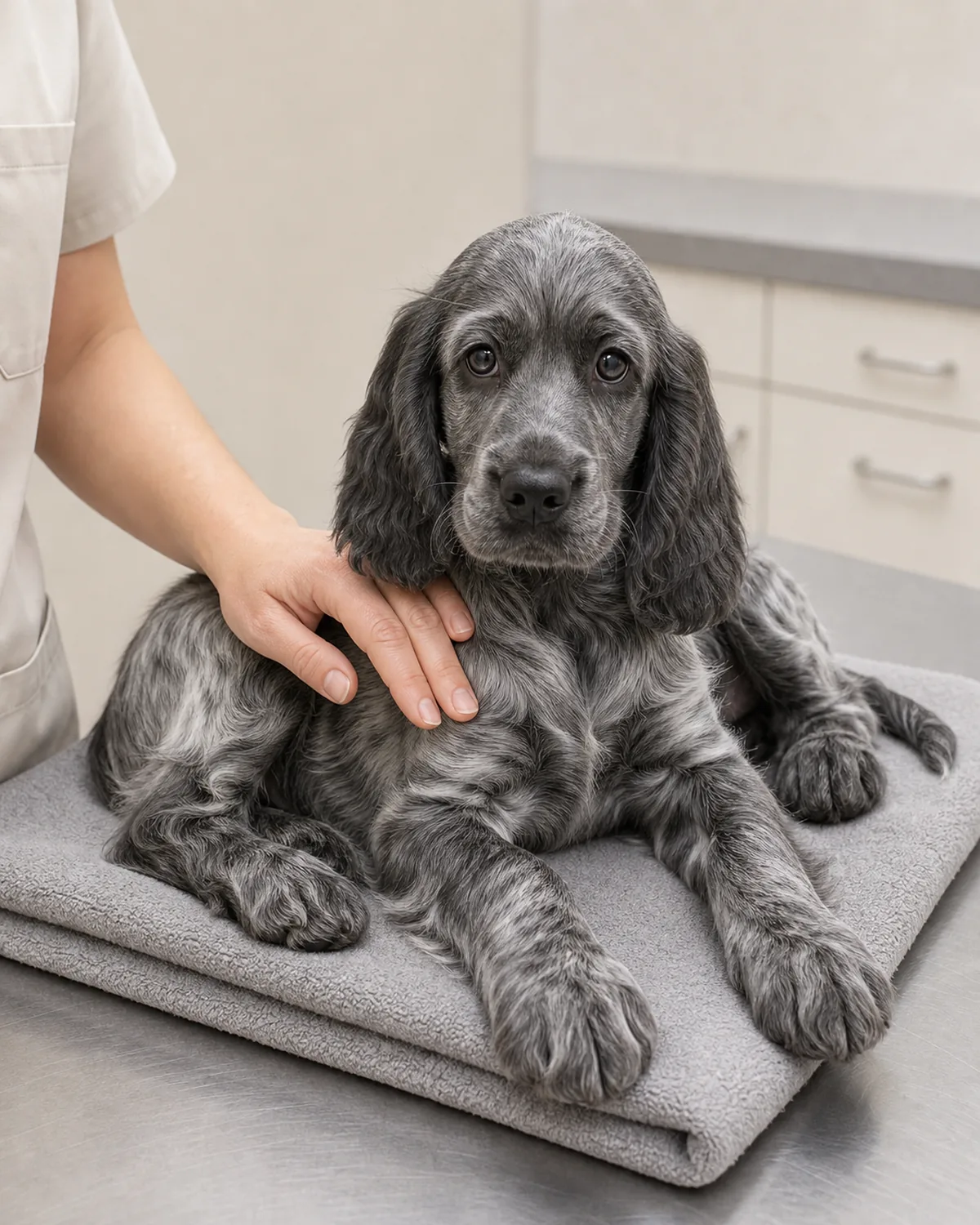 A large athletic apricot Standard-Poodle-shape puppy at about 14 weeks with apricot curly tight medium coat, floppy ears, a long elegant muzzle, a lean tall puppy frame, and a large head with oversized paws standing calmly on a plain rolled towel covering a stainless exam table while a vet in plain casual scrubs gently palpates the lymph nodes under the puppy's jaw with one hand, plain neutral cabinet edge softly focused in the background