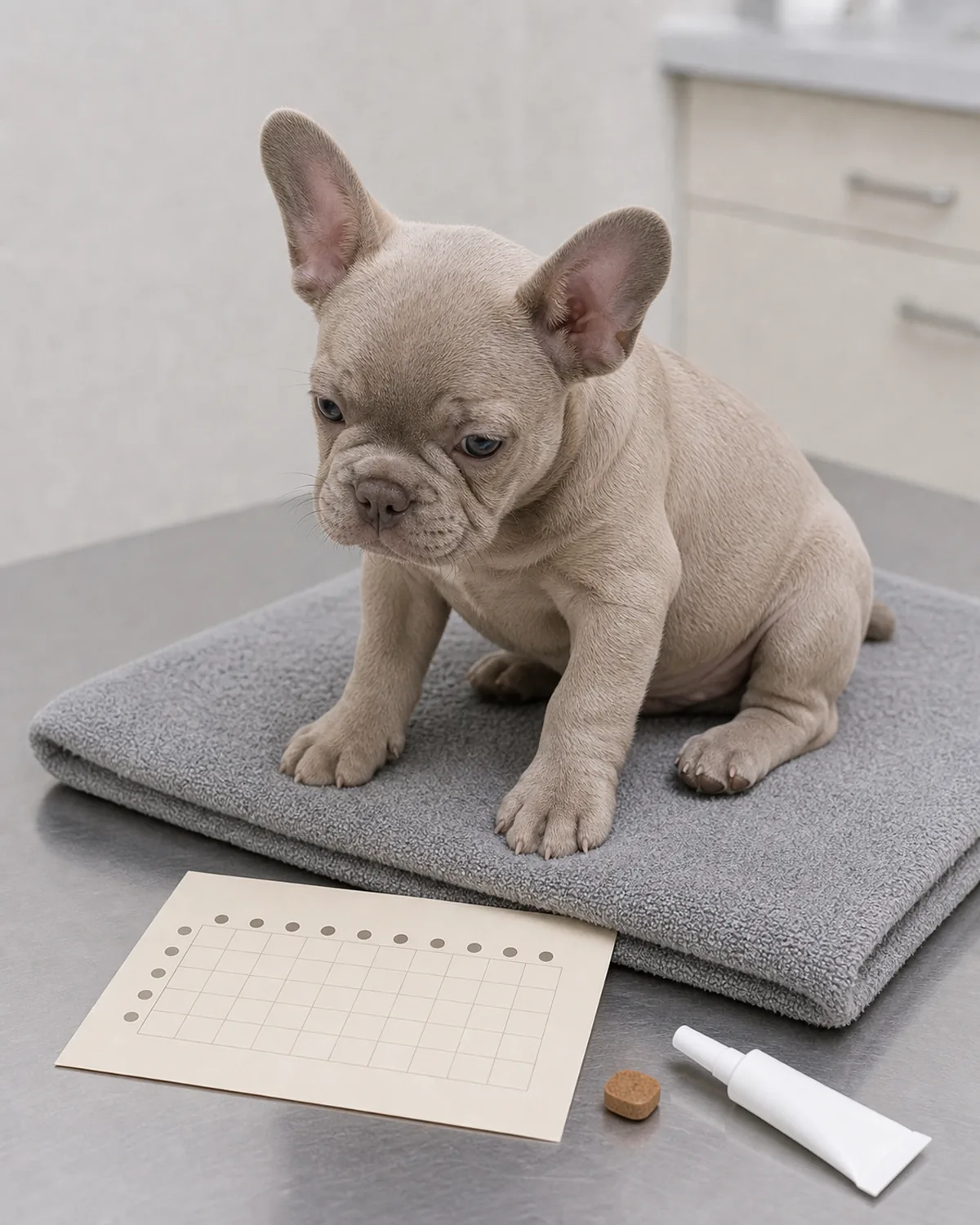 A small sturdy chocolate-and-tan Dachshund-shape puppy at about 11 weeks with uniform deep chocolate-and-tan short smooth coat, long pendant ears, very short legs proportionate to puppy frame, oversized paws, loose puppy skin, and a large head sitting calmly on a plain wood side table in a vet exam room next to a plain unbranded paper preventive plan card showing a generic three-column silhouette layout, with a plain neutral cabinet edge softly focused in the background