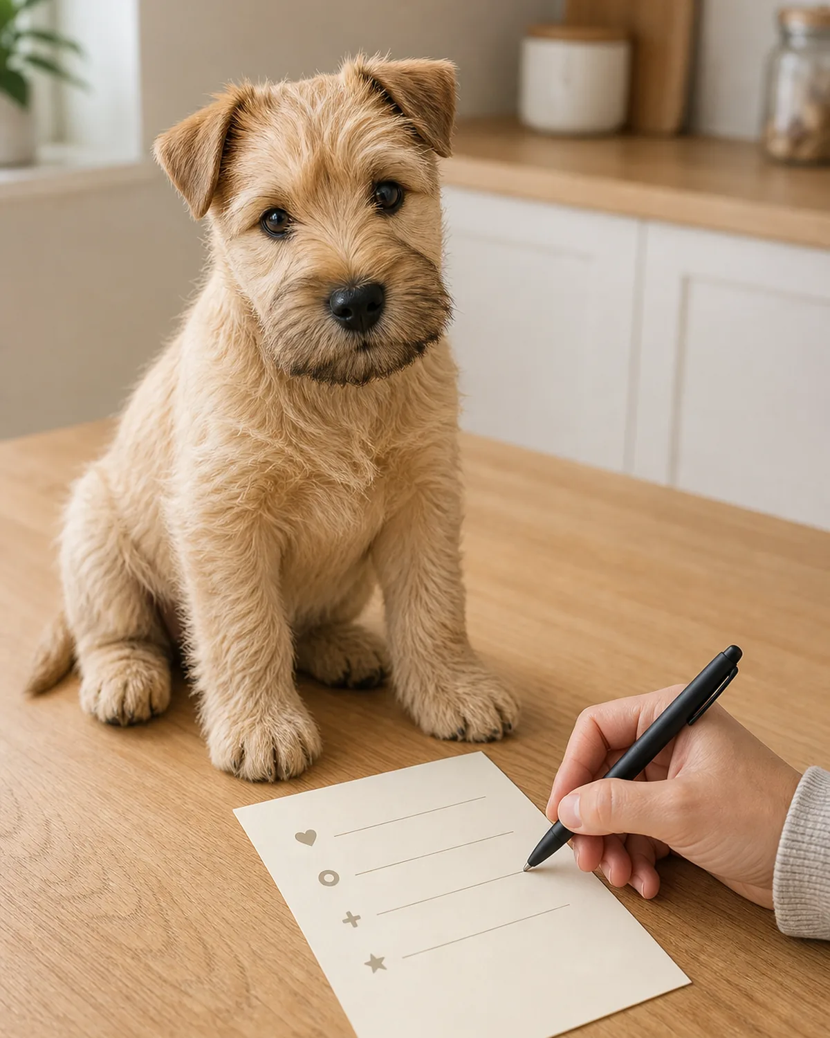 A medium athletic silver-blue Weimaraner-shape puppy at about 12 weeks with uniform silver-blue gray short sleek coat, floppy long ears, an amber-blue eye, a lean elegant athletic frame, and a large head with oversized paws lying calmly on a plain wood desk next to a plain unbranded paper card showing a generic bullet list silhouette of ten dotted items, with a casual sleeve and hand visible holding a plain pencil at the edge of the paper