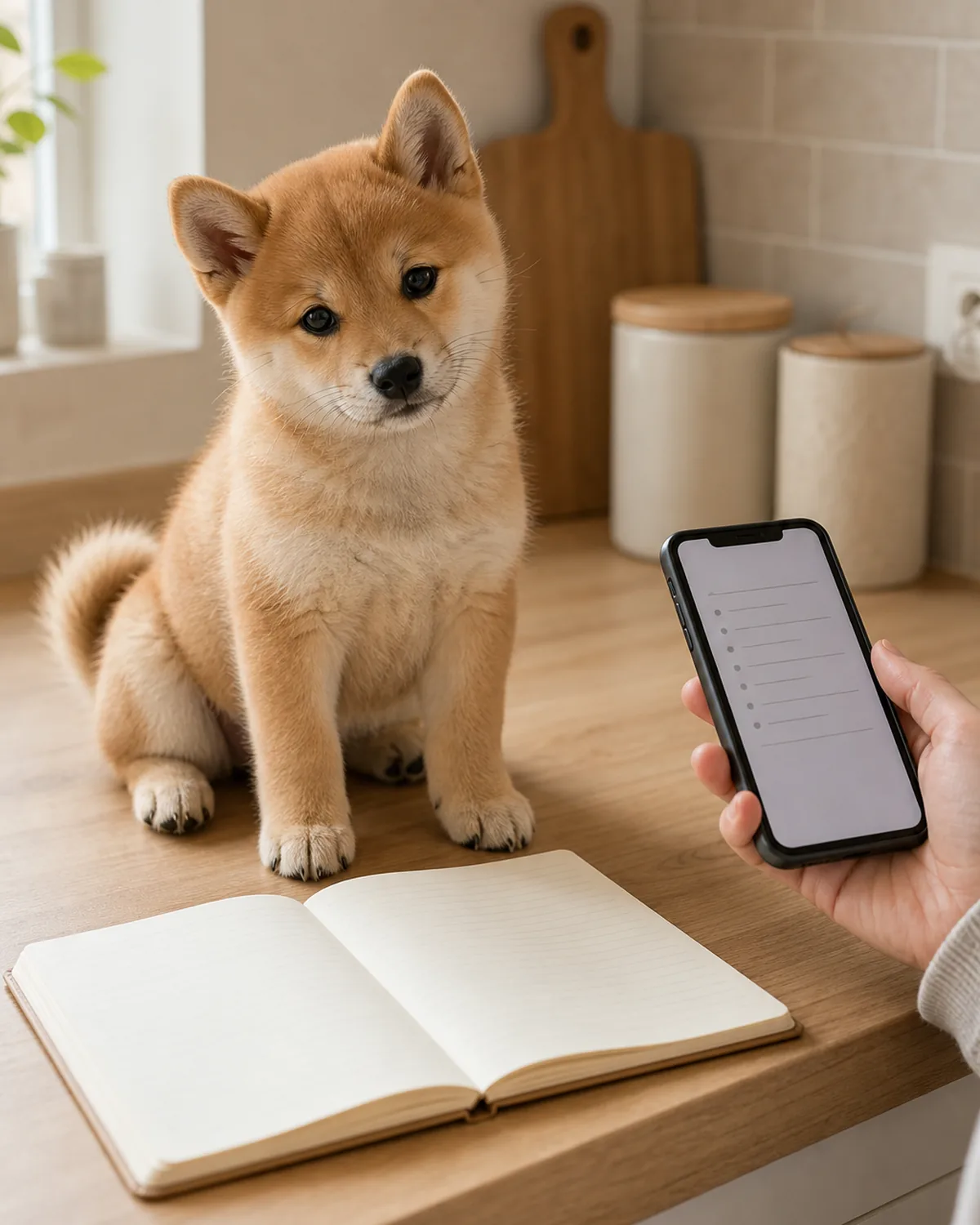 A tiny lively red-fox Pomeranian-shape puppy at about 10 weeks with uniform red-fox abundant fluffy coat, small erect pointed ears, a foxy expressive face, a tiny rounded frame, oversized paws, and a large head sitting calmly on the corner of a plain wood kitchen counter next to a plain unbranded paper calendar card showing a generic monthly grid silhouette with one circled date marker, soft-focus living room behind