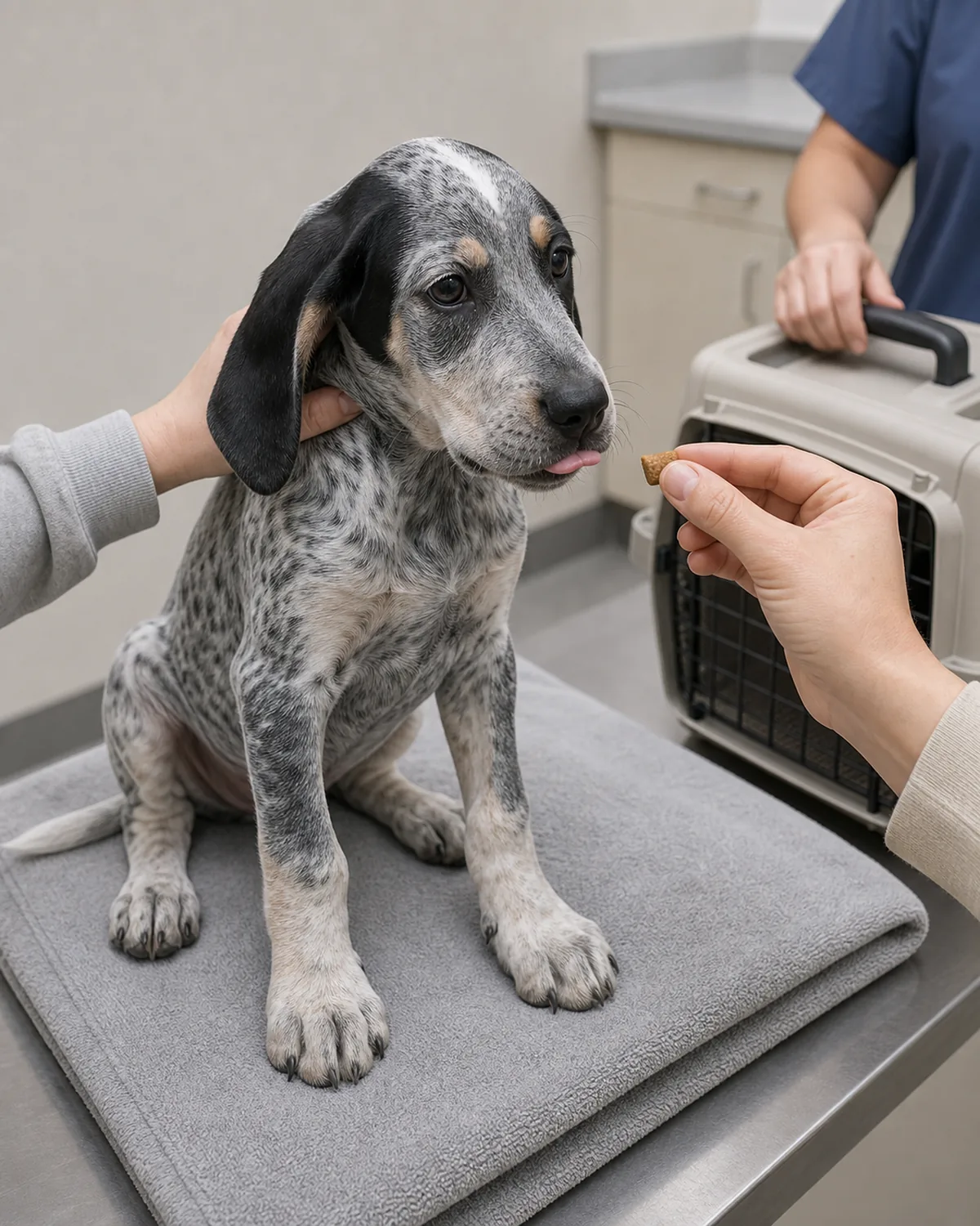 A medium fluffy red-merle Pyrenean-shape puppy at about 13 weeks with red-merle blotched medium-long fluffy coat, floppy ears, a gentle soft face, and a large head with oversized paws lying calmly on her side on a plain rolled towel on a stainless exam table while the owner kneels at the table side with one casual-sleeve hand resting gently on the puppy's shoulder, with a vet hand in plain casual scrubs visible at the far frame edge in an open-palm pausing gesture