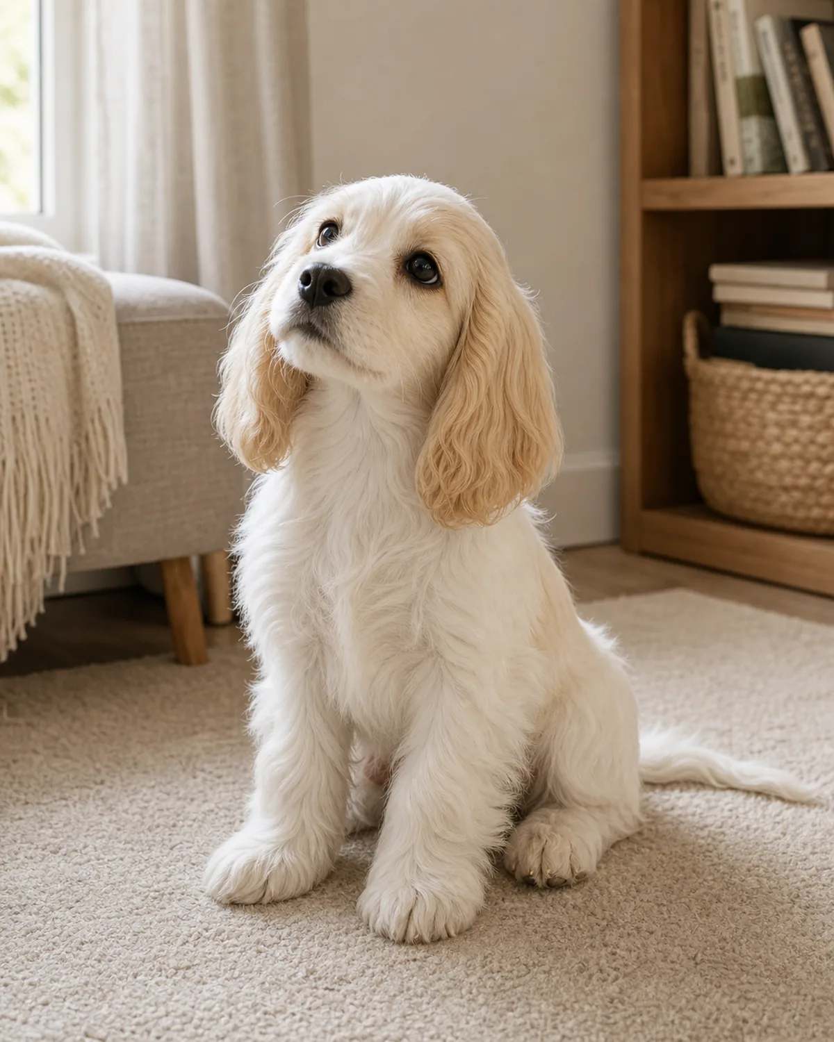 A medium athletic cream Golden-shape puppy at about 11 weeks with uniform cream short-to-medium coat, floppy ears, a friendly broad head, glossy puppy fur, and a large head with oversized paws lying calmly on a plain soft beige rug with her chin resting on a plain rolled towel in soft warm living-room daylight